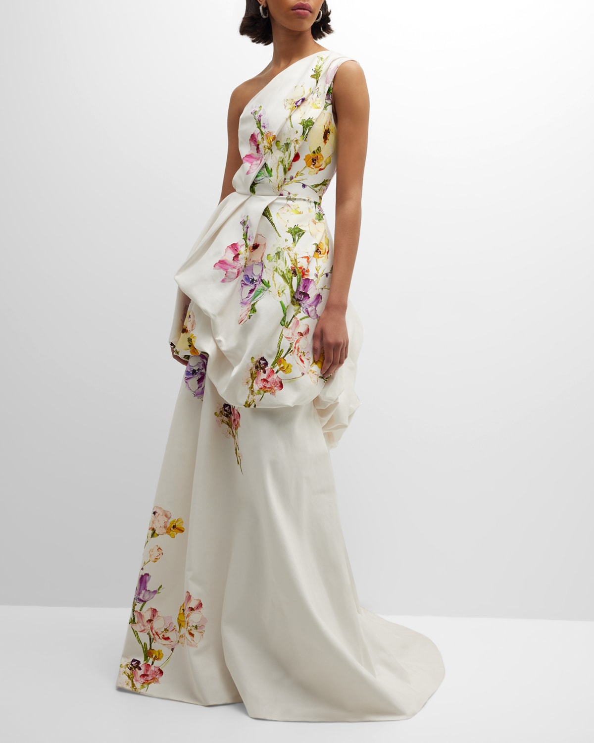Monique Lhuillier One-shoulder Botanical-print Bustle Gown In Silk White Multi