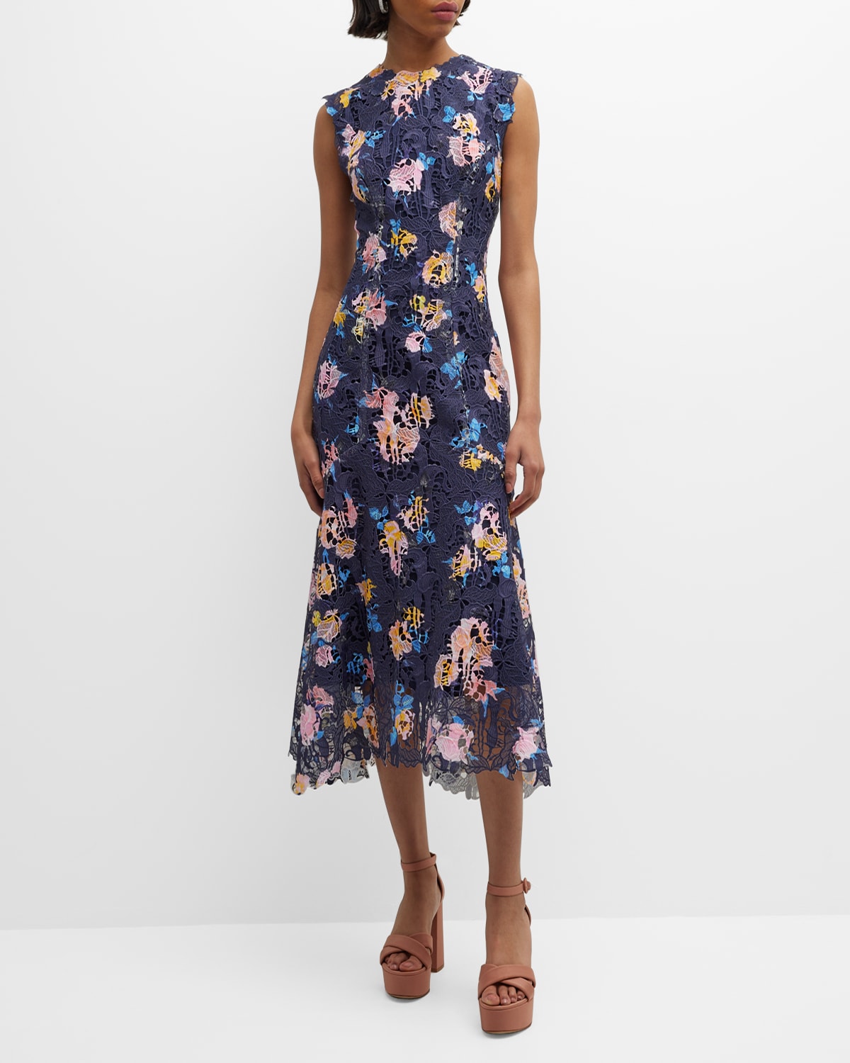 Monique Lhuillier Floral-printed Lace Sleeveless Midi Dress In Navy Multi