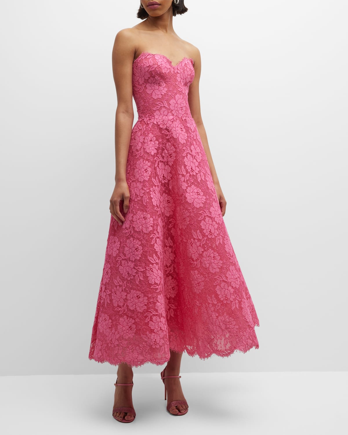 Monique Lhuillier Strapless Lace Tea-length Dress In Pink Rose