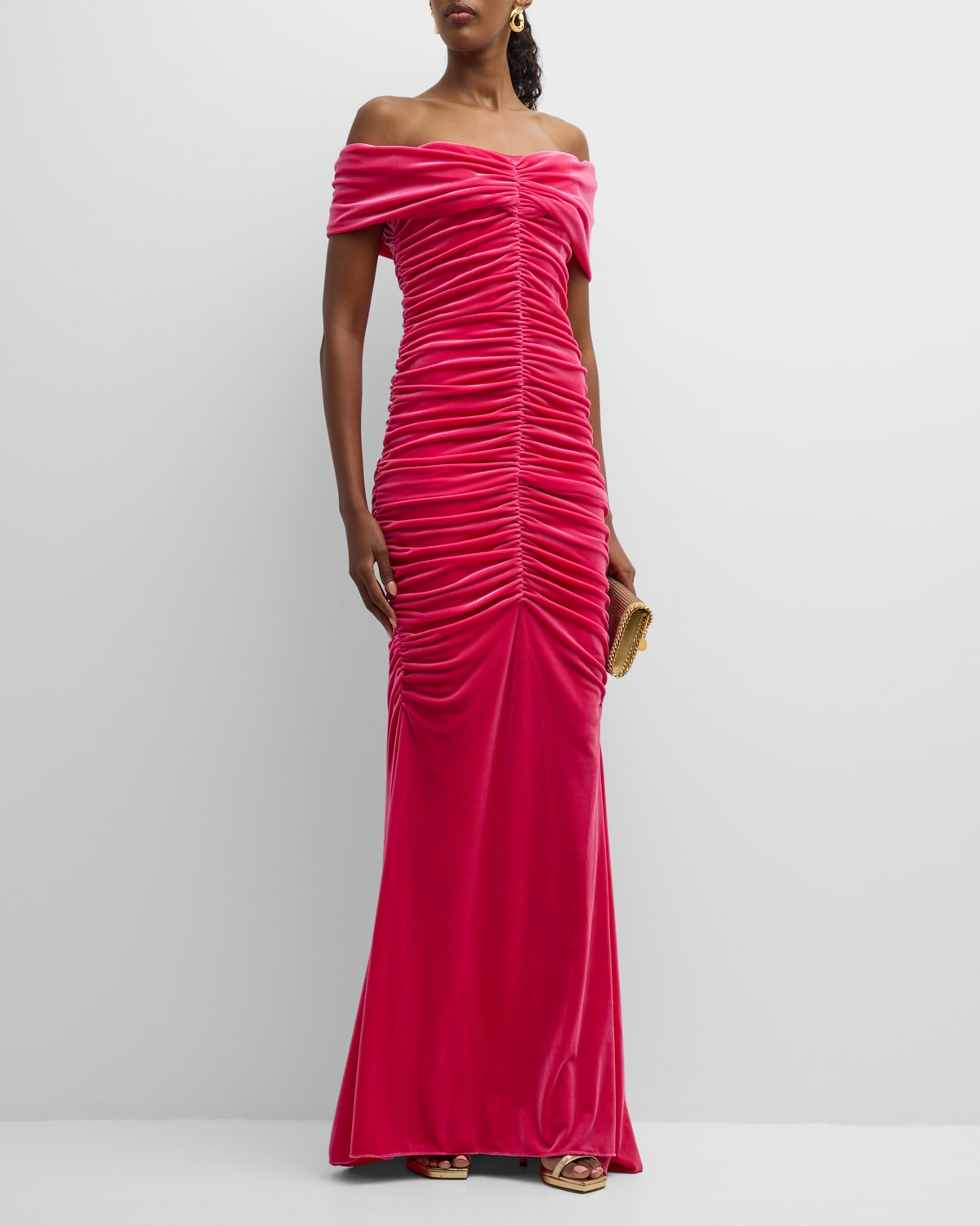 Monique Lhuillier Off-the-shoulder Ruched Velour Gown In Fuchsia
