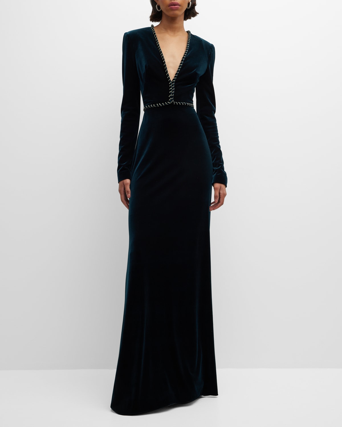 Monique Lhuillier Plunging Crystal Embellished Long-sleeve Velour Gown In Dark Teal