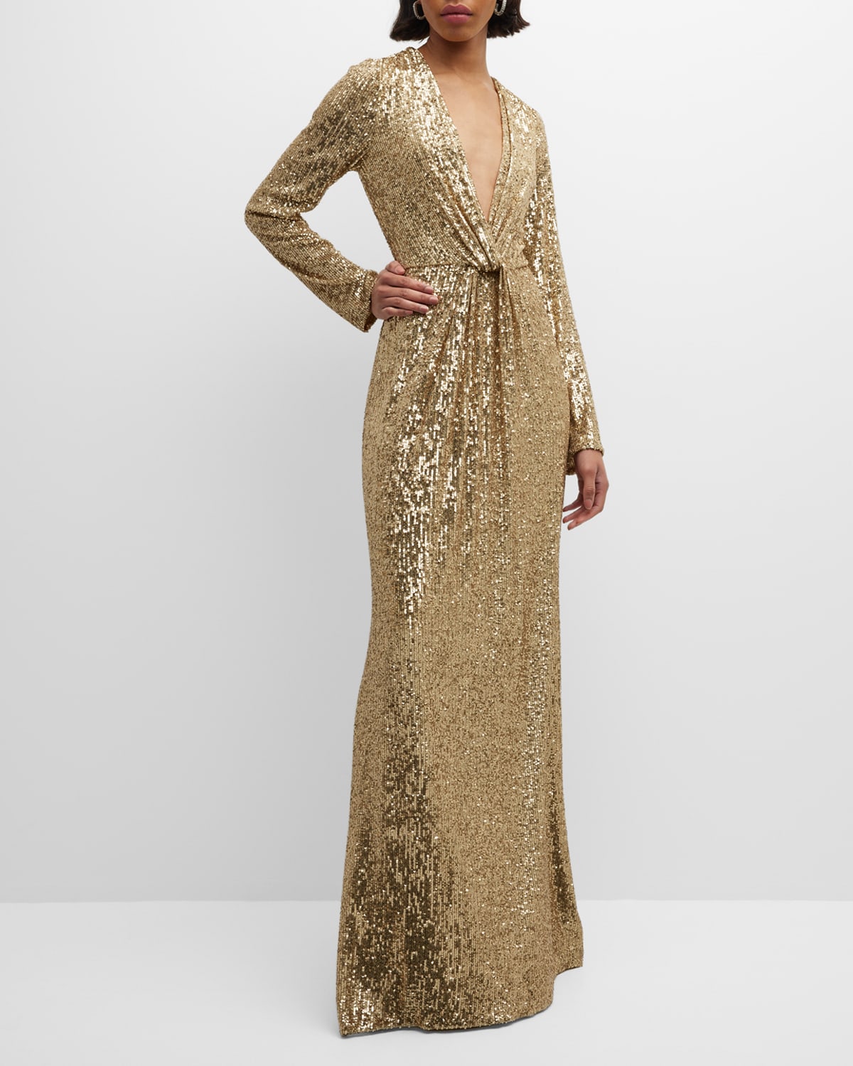 Monique Lhuillier Micro Sequin Plunging Knotted Long-sleeve Gown In Gold