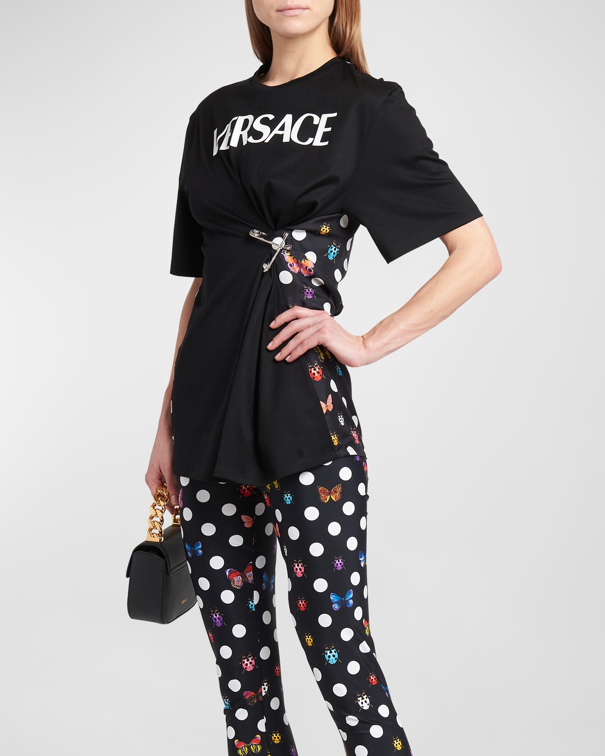 Versace Pin-tucked Jersey T-shirt With Silk Printed Back In Black Multicolor