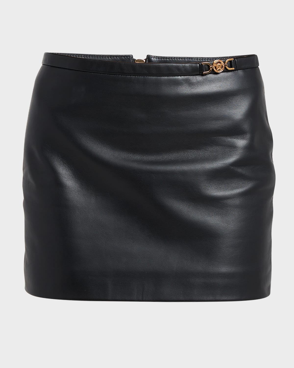 Versace Art Denver Plonge Leather Mini Skirt In Black