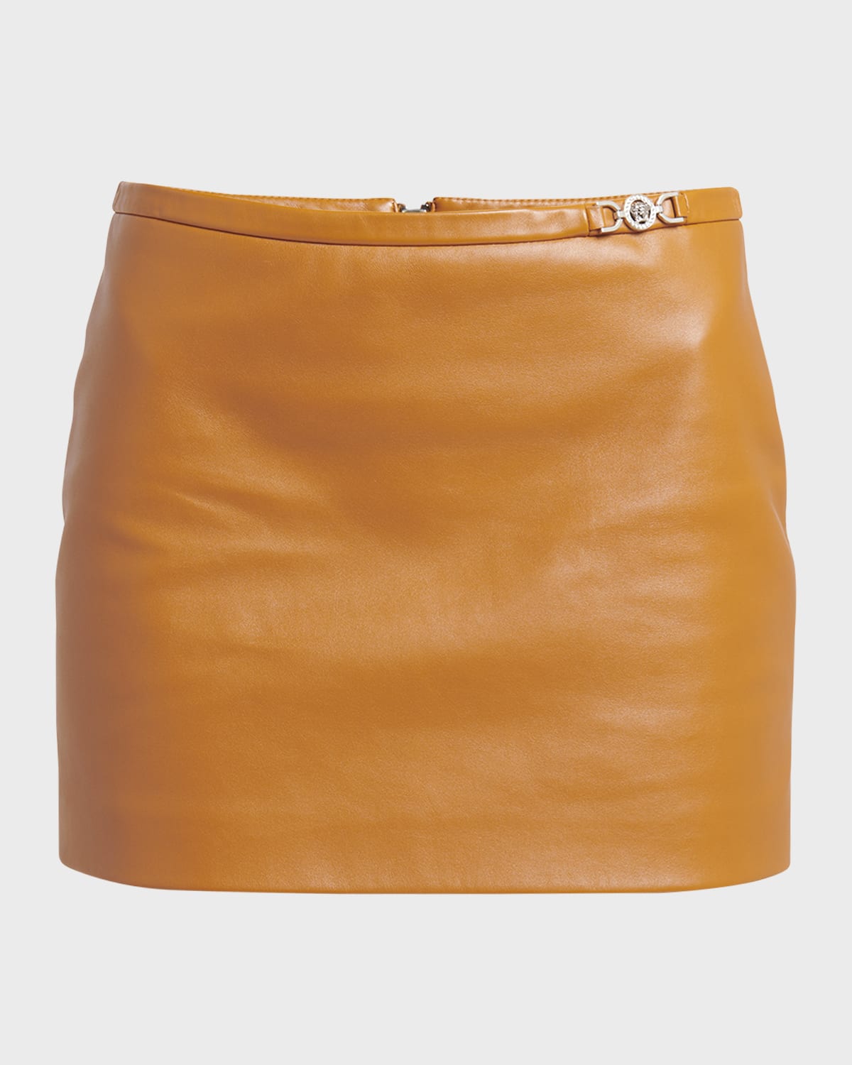 Shop Versace Art Denver Plonge Leather Mini Skirt In Caramel