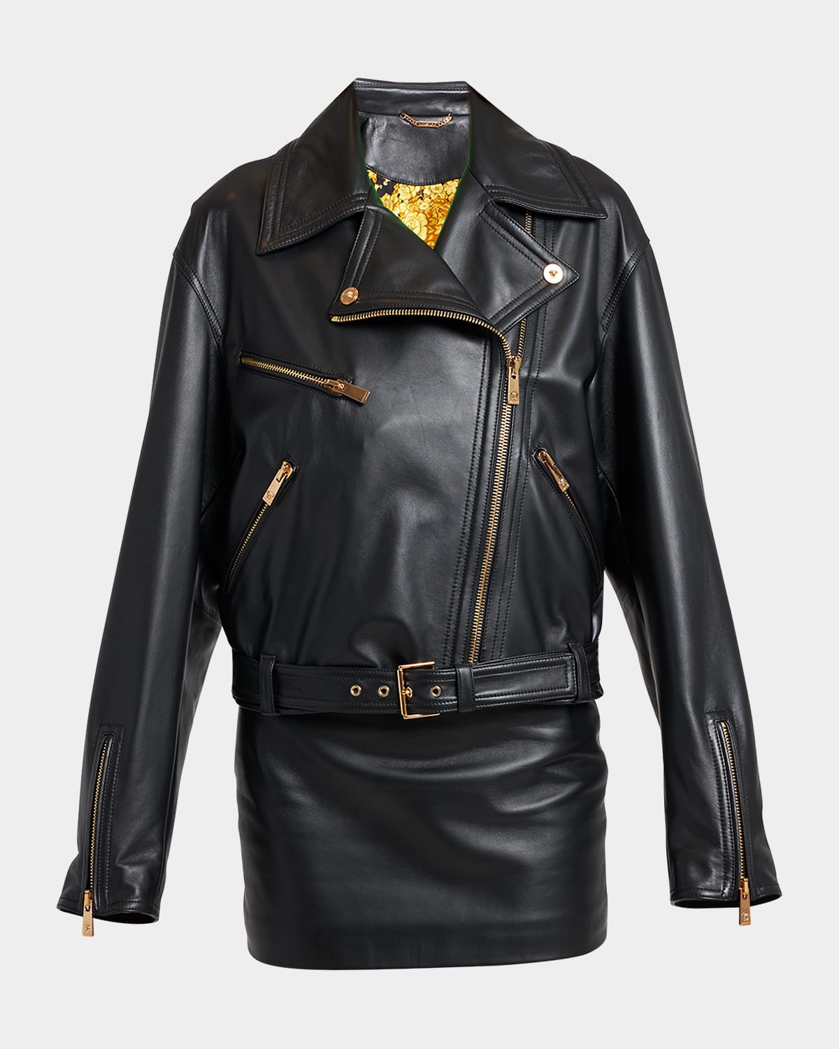 Shop Versace Art Denver Plonge Leather Moto Jacket In Black