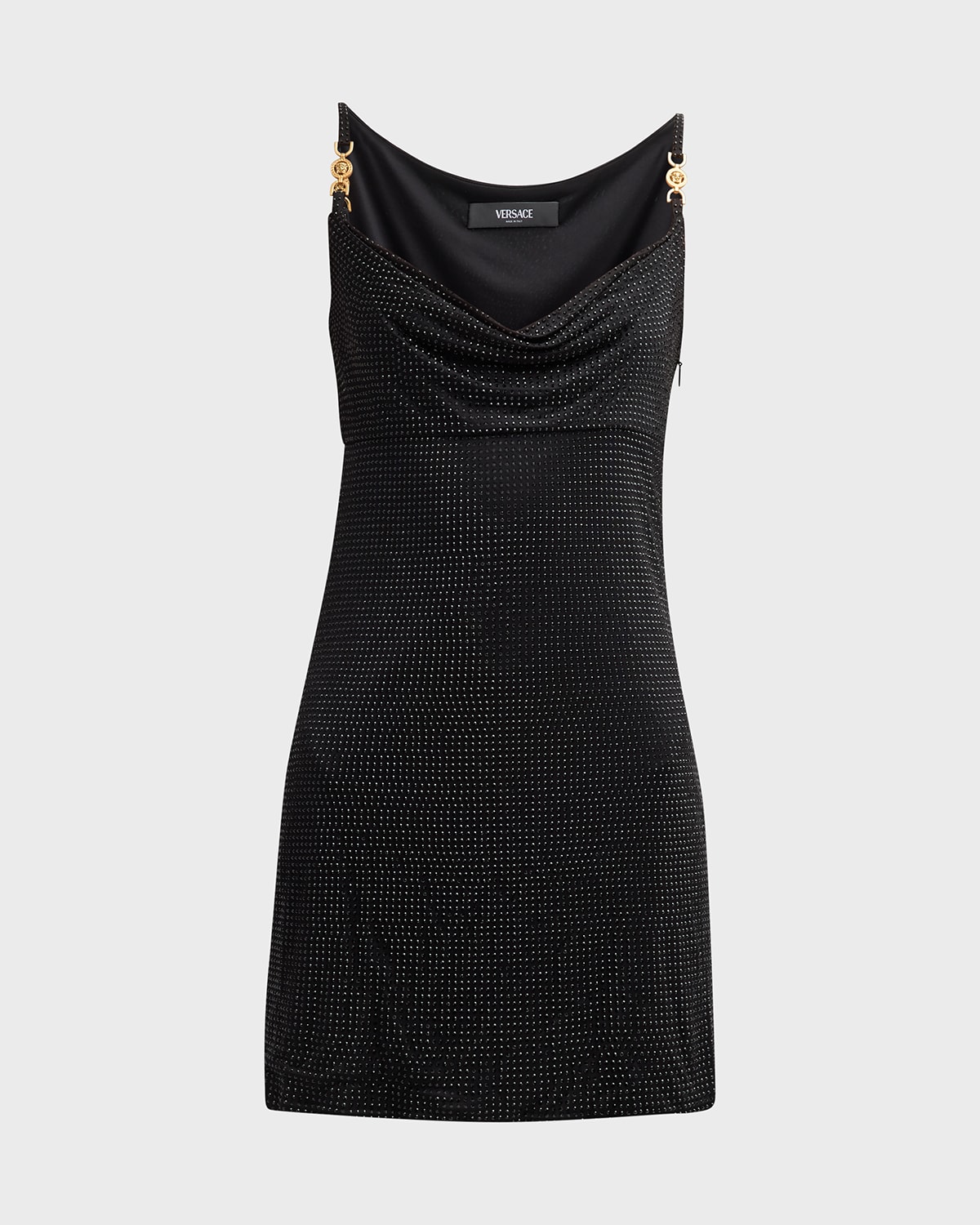 Shop Versace Cowl-neck Strass Embellished Jersey Mini Slip Dress In Black