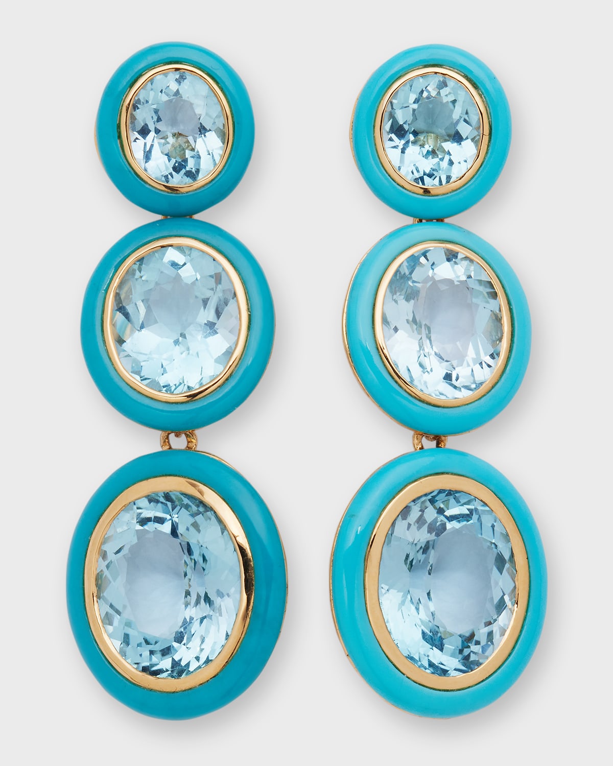 Melange 3-Tier Oval Earrings in 18k Gold with Blue Topaz &Turquoise