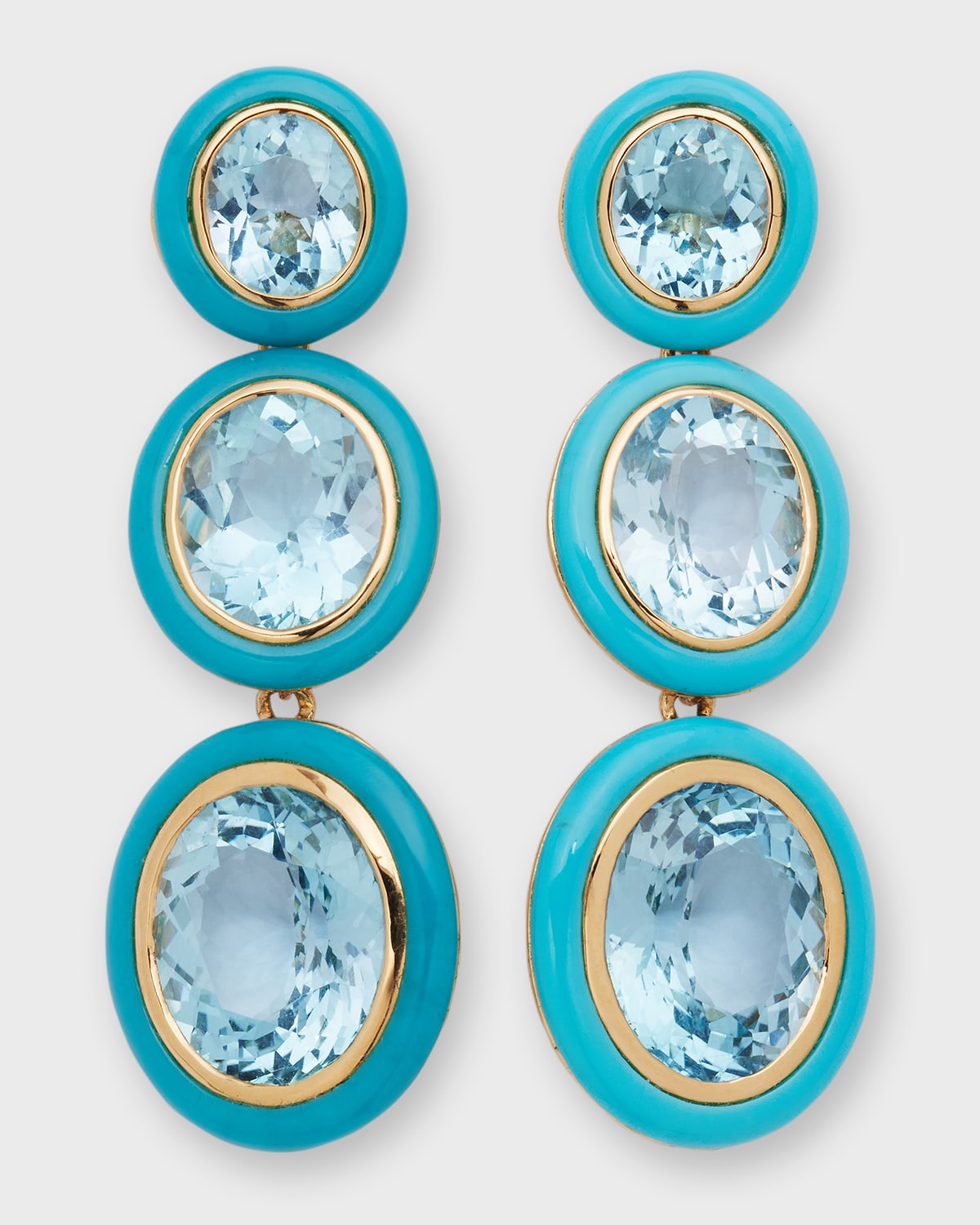 GOSHWARA MELANGE 3-TIER OVAL EARRINGS IN 18K GOLD WITH BLUE TOPAZ &TURQUOISE