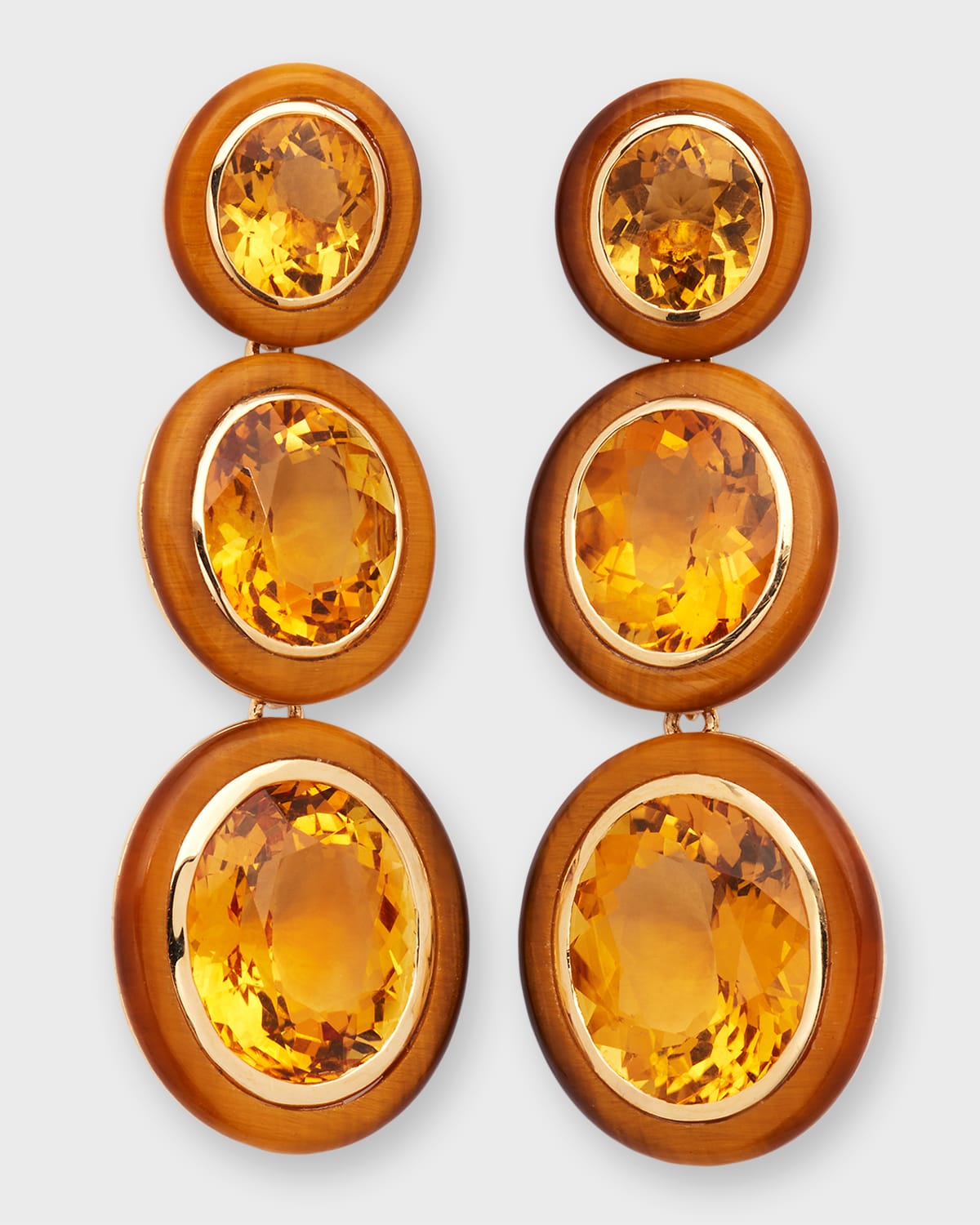Goshwara Melange 3-Tier Oval Earrings in 18k Gold with Citrine & Tiger's Eye