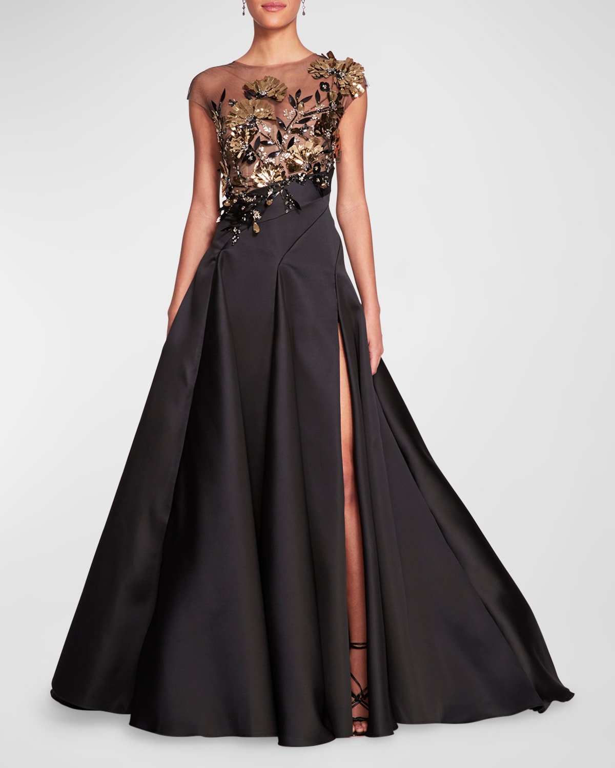 Marchesa Illusion Tulle Duchess Satin Ball Gown In Black Gold