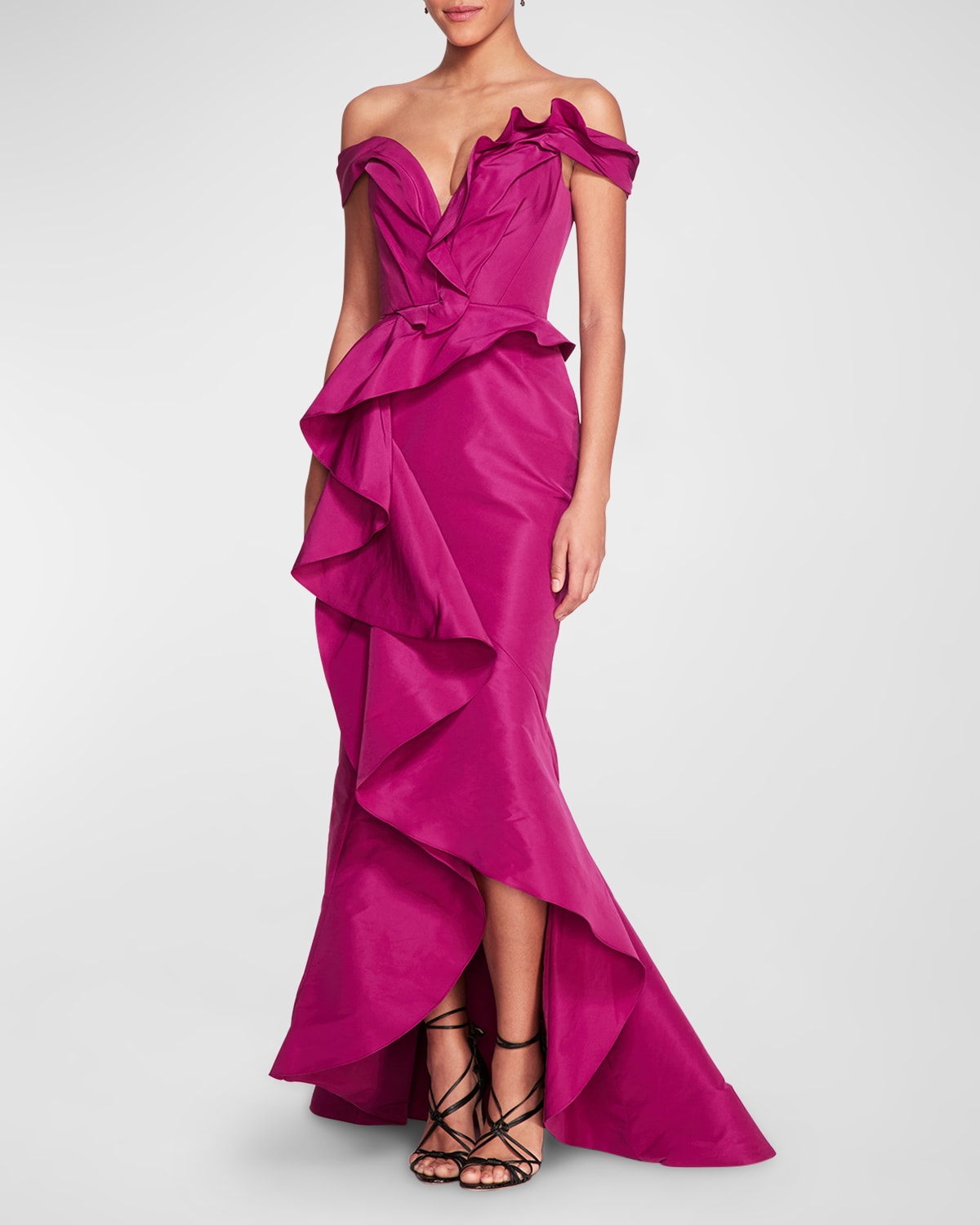 Marchesa Plunging Off-The-Shoulder Ruffle Faille Gown