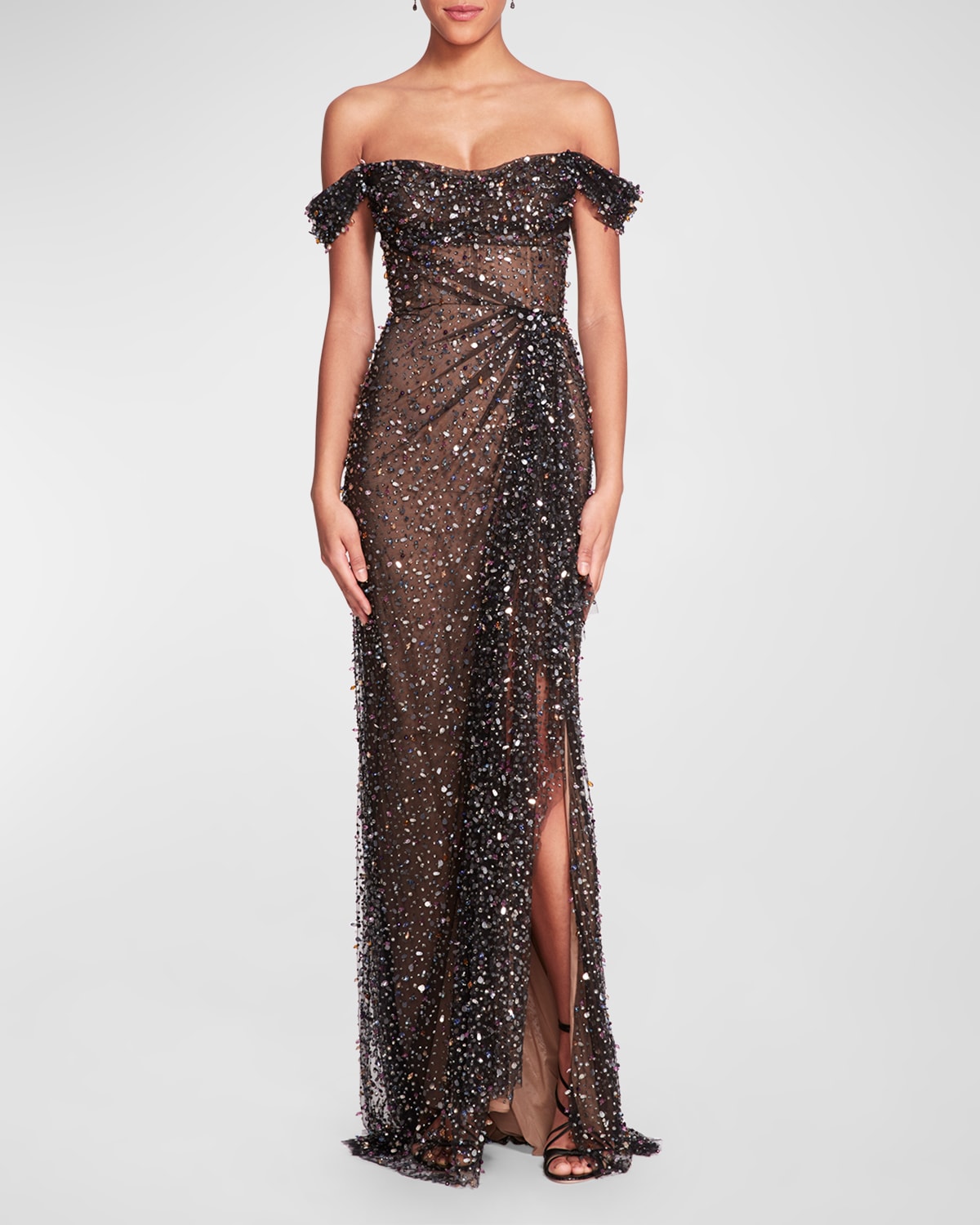 Marchesa Off The Shoulder Crystal And Sequin Gown In Black