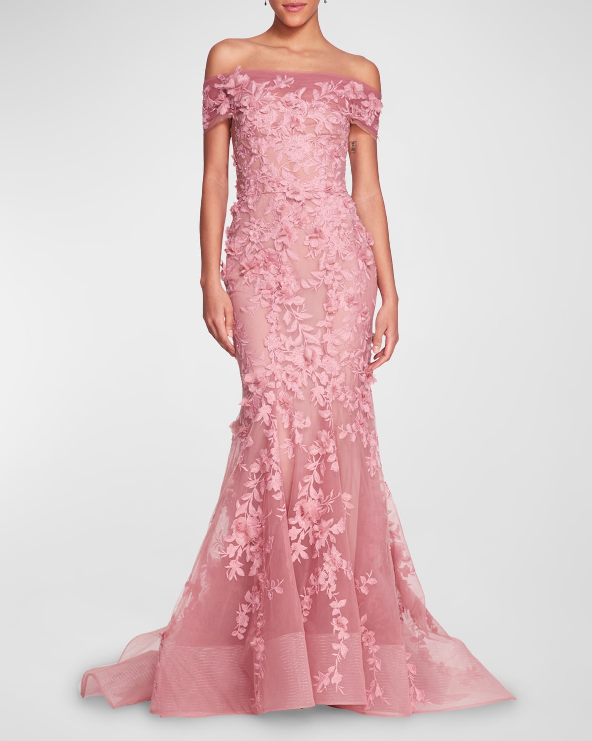 Marchesa Floral Embroidered Off-The-Shoulder Tulle Fishtail Gown