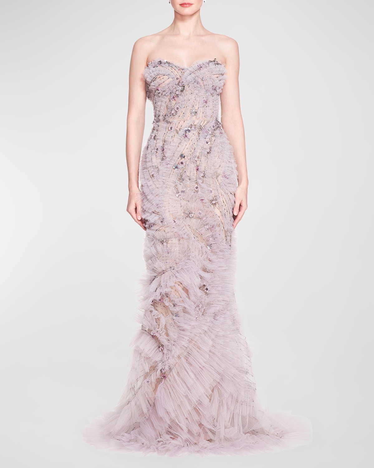 Marchesa Beaded Tulle Ruffle Strapless Mermaid Gown