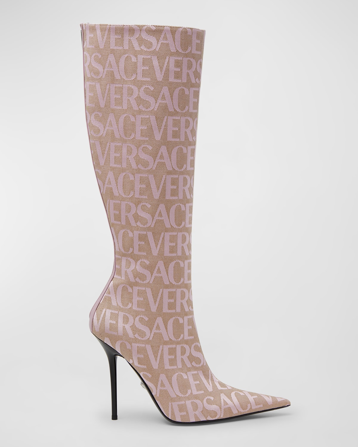 Versace Allover Canvas & Leather Knee-high Boot In 2n77p Beige-baby