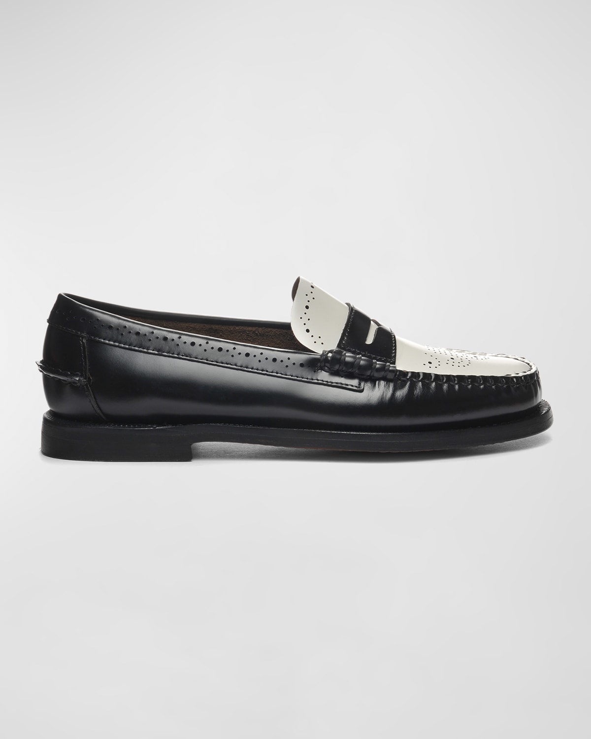 Sebago Dan Perforated Leather Penny Loafers In Black-white
