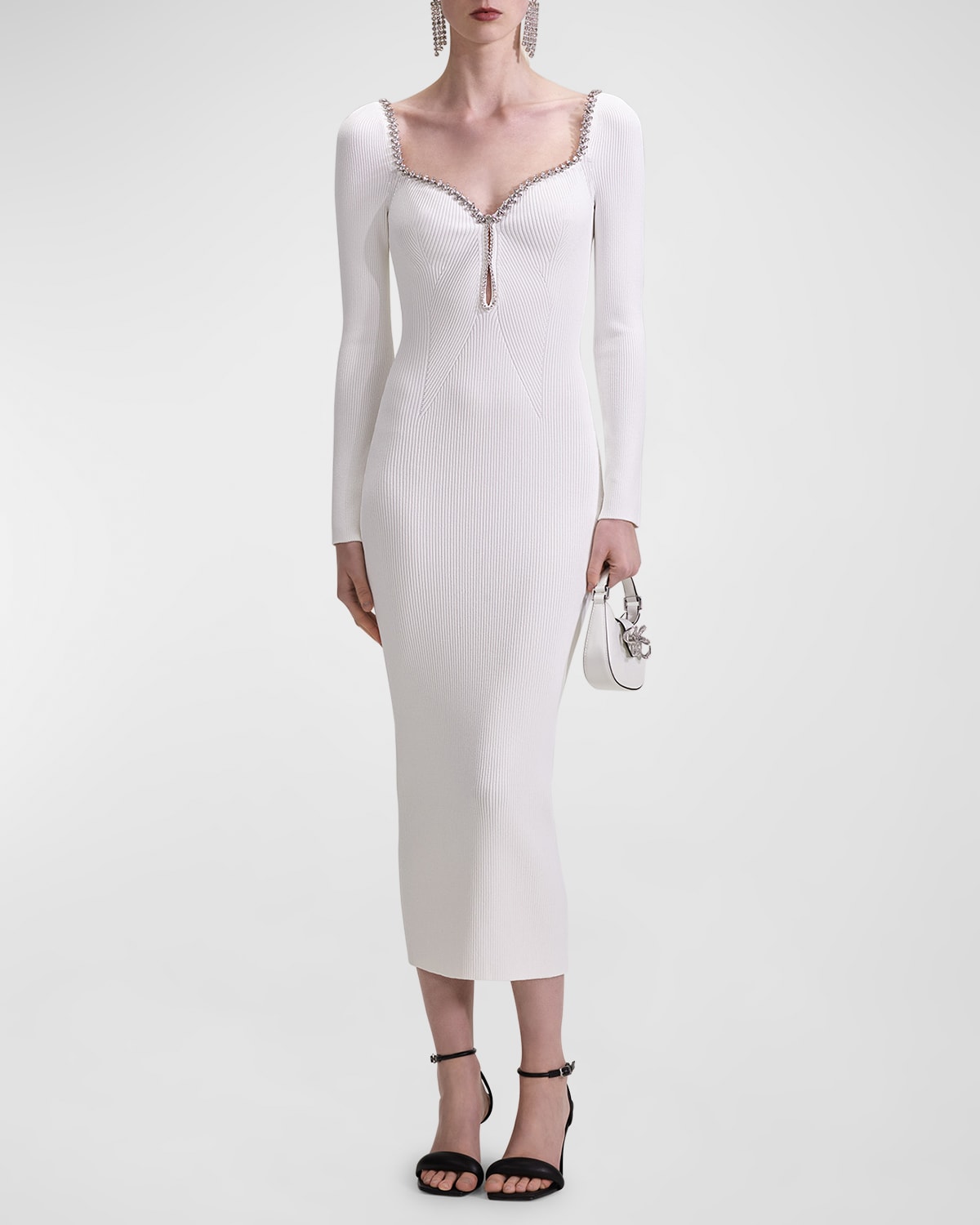 Self-portrait Diamanté-trim Bodycon Knit Midi Dress In White