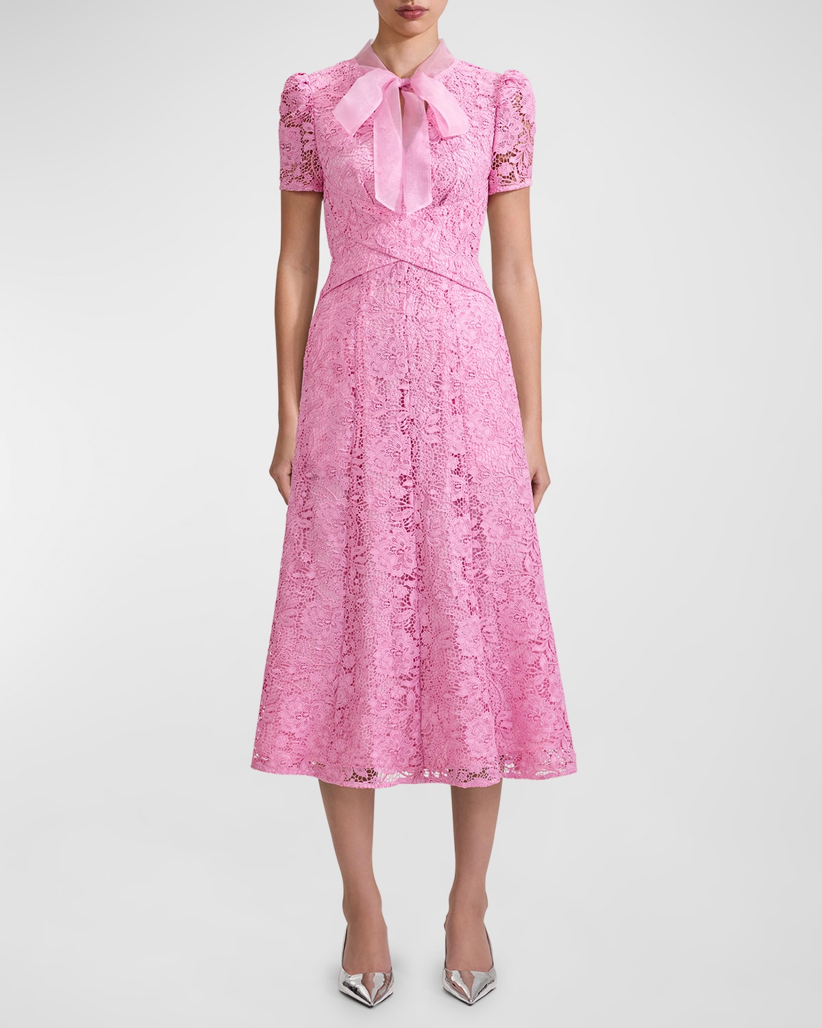 Floral Cord Lace Tie-Neck Crossover Midi Dress