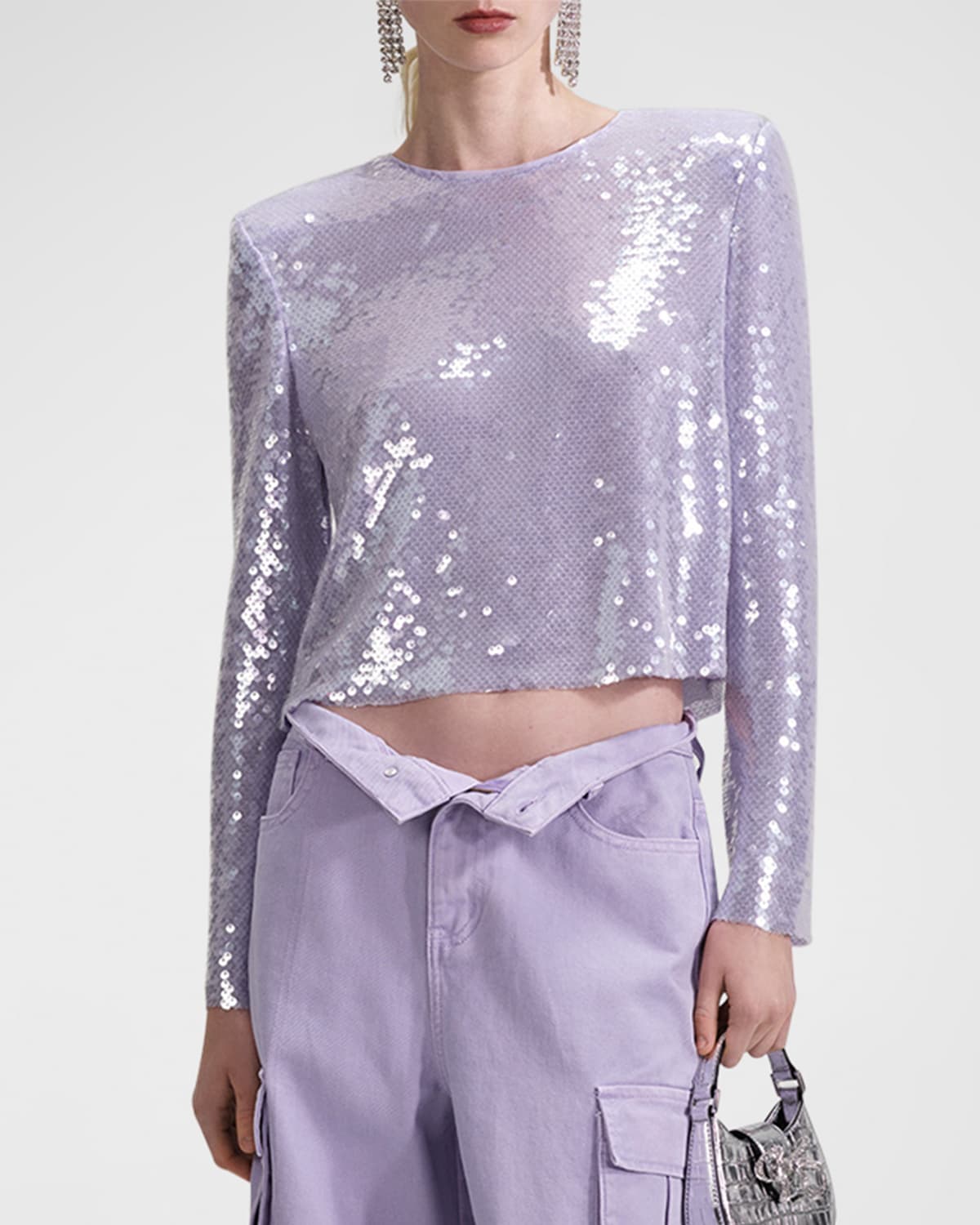 Shop Self-portrait Sequin Long-sleeve Crop Top In Purple
