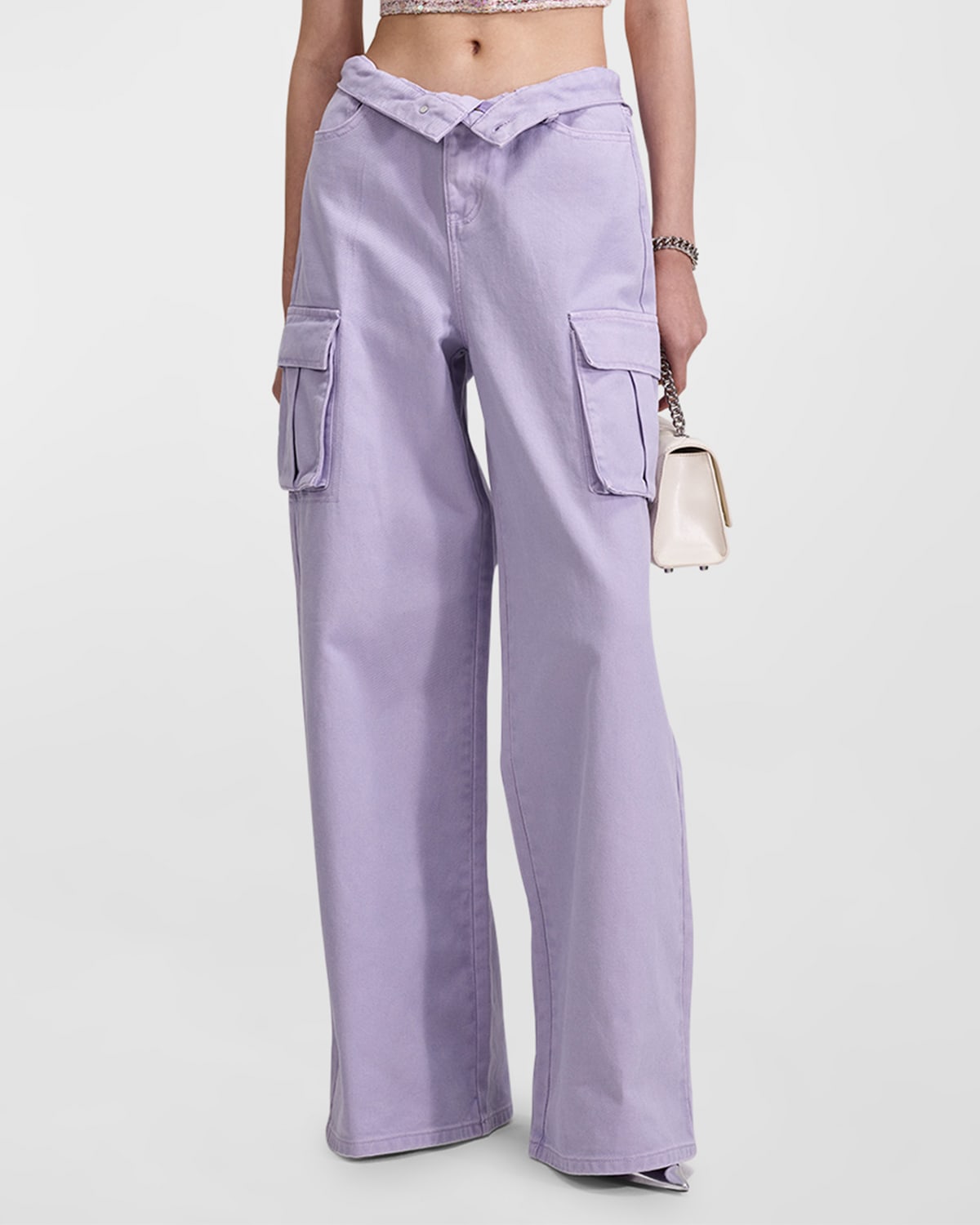 Self-portrait Mid-rise Denim Cargo Jeans In Purple