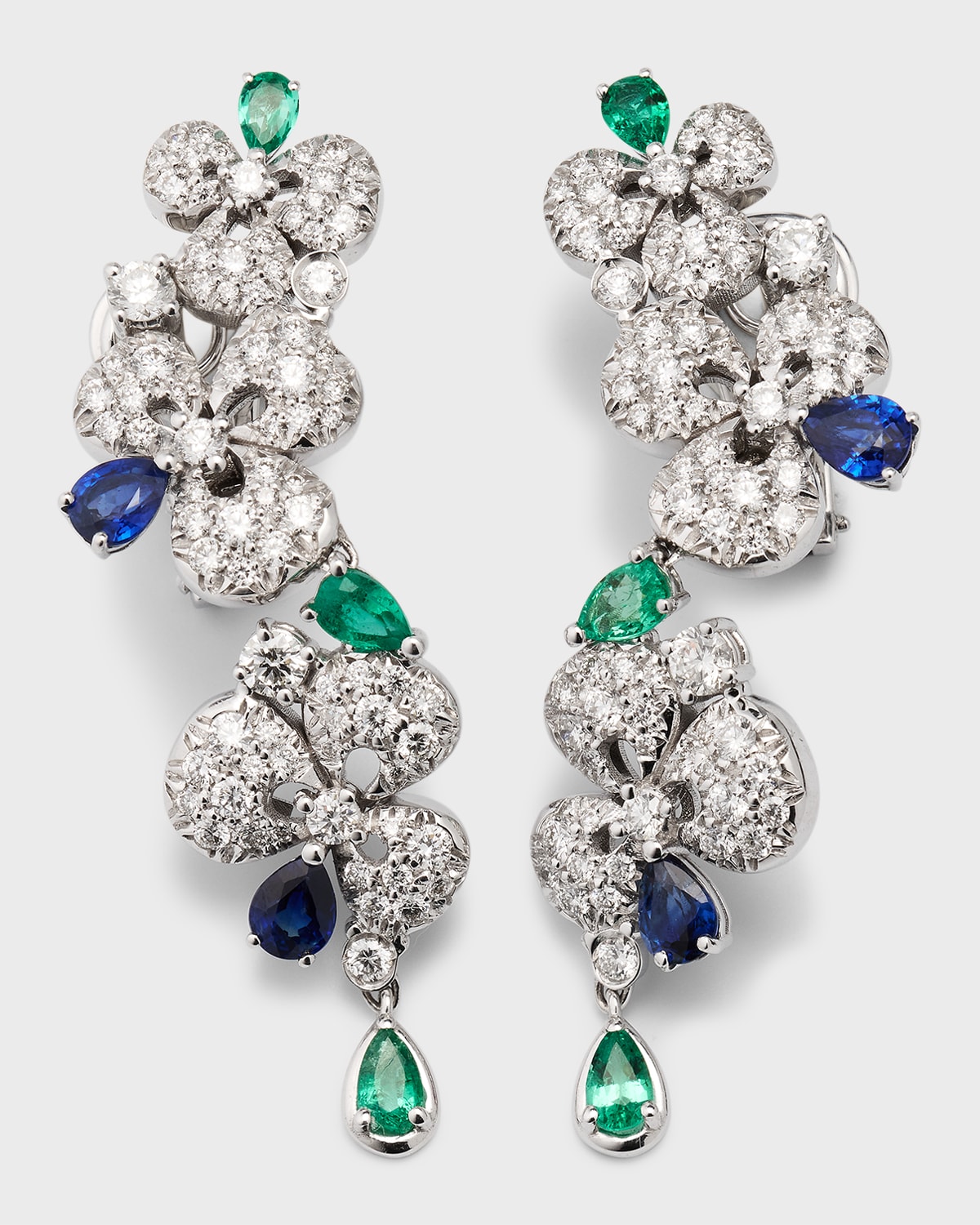 18K White Gold Ischia Diamond, Emerald, and Sapphire Earrings