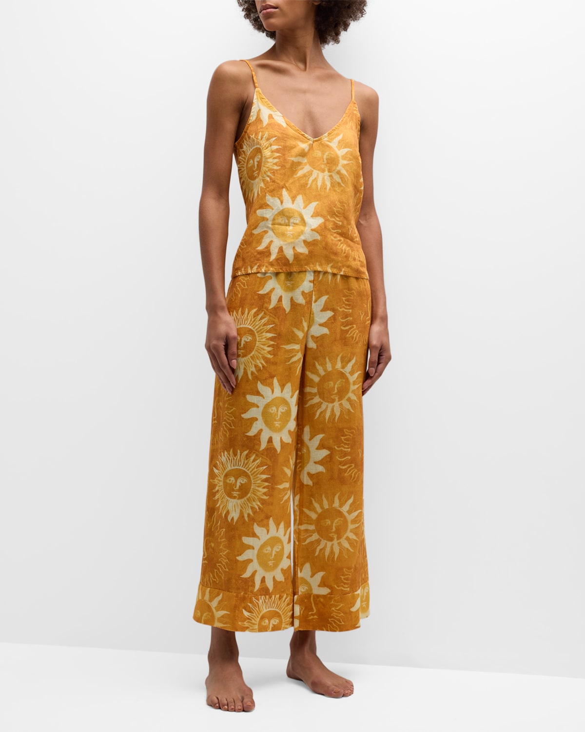 Desmond & Dempsey Cropped Sun-Print Linen Pajama Set