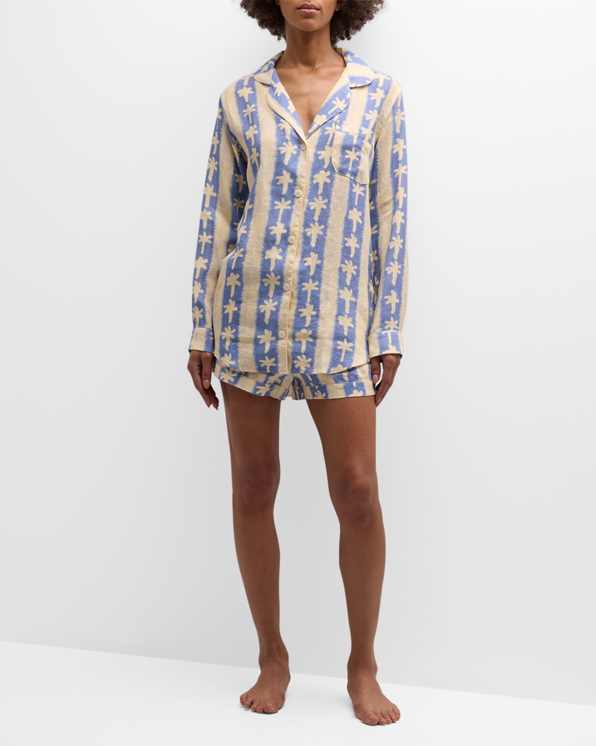 Desmond & Dempsey Striped Palm Tree-Print Cotton Pajama Set