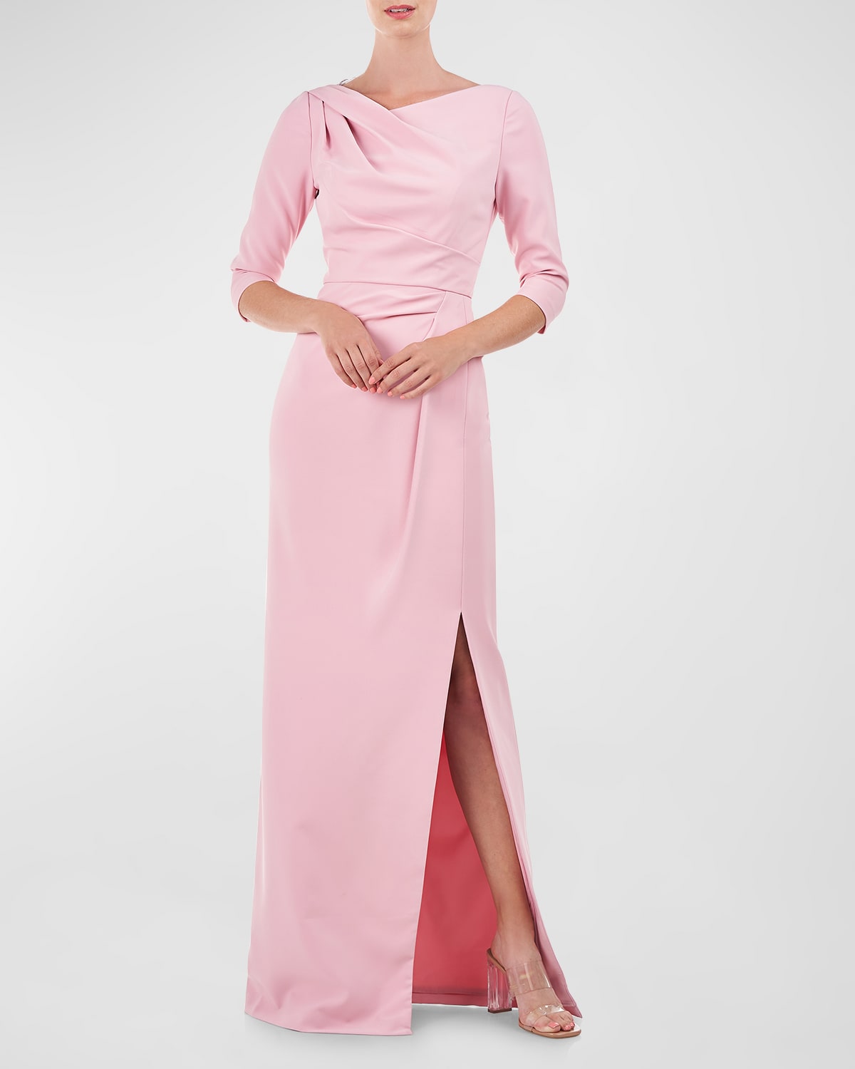 KAY UNGER MARGERITE PLEATED SIDE-SLIT COLUMN GOWN