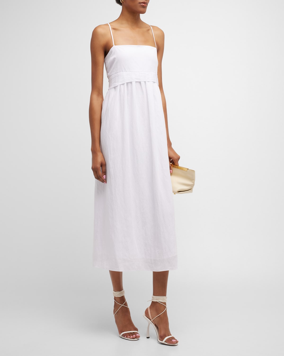 Shop Vince Ruched Panelled Tie-back Midi Dress In Optic White