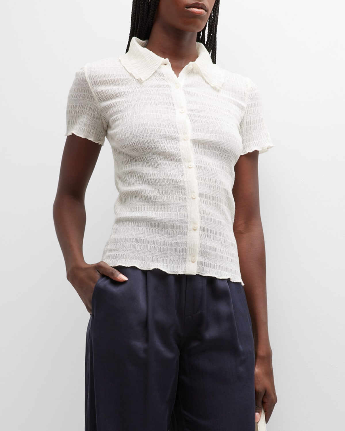 VINCE SMOCKED SHORT-SLEEVE BUTTON-FRONT SHIRT