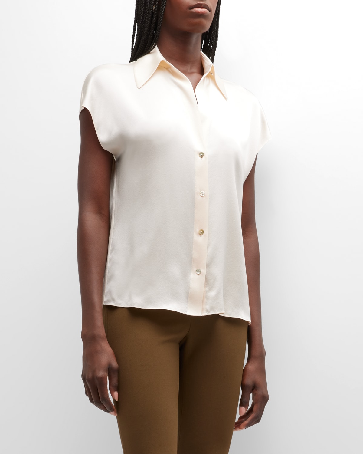Vince Cap-sleeve Ruched-back Silk Blouse In Sand