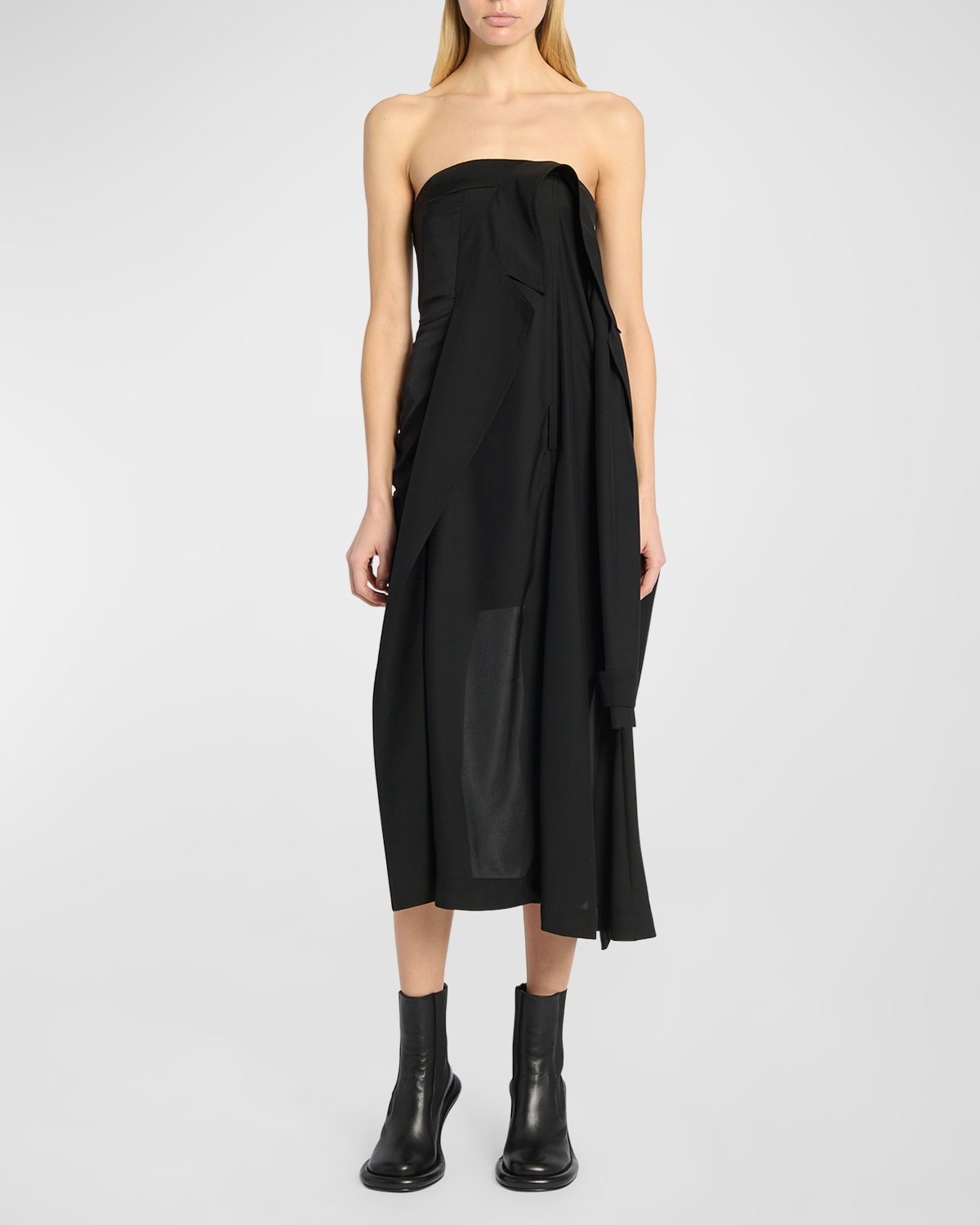 Jw Anderson Draped Trench High-low Strapless Dress In Black