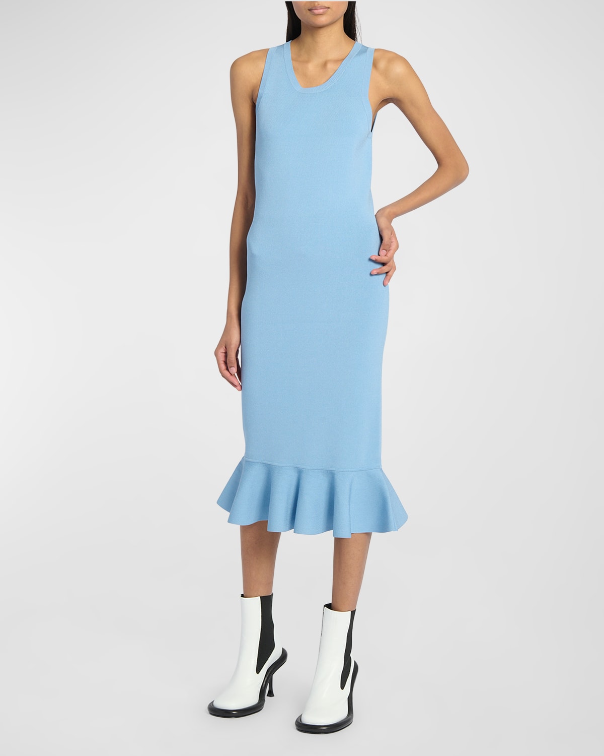 Jw Anderson Knit Midi Dress With Ruffled Hem In Sky Blue