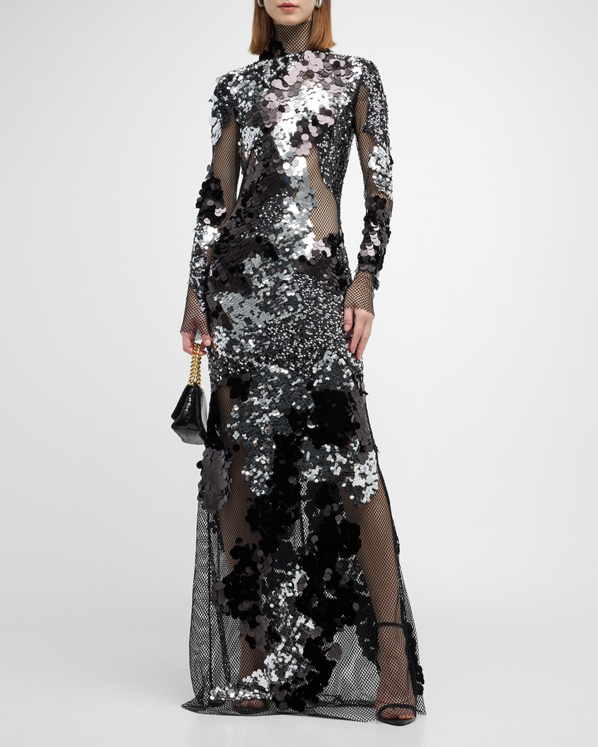 TOM FORD MIXED SEQUIN EMBROIDERED MESH GOWN
