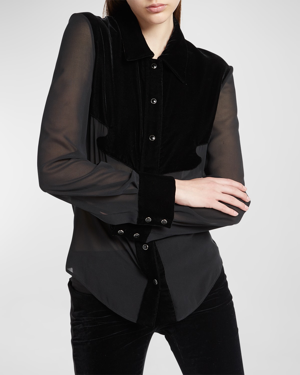 Shop Tom Ford Georgette Semi-sheer Button-front Shirt With Velour Details In Black