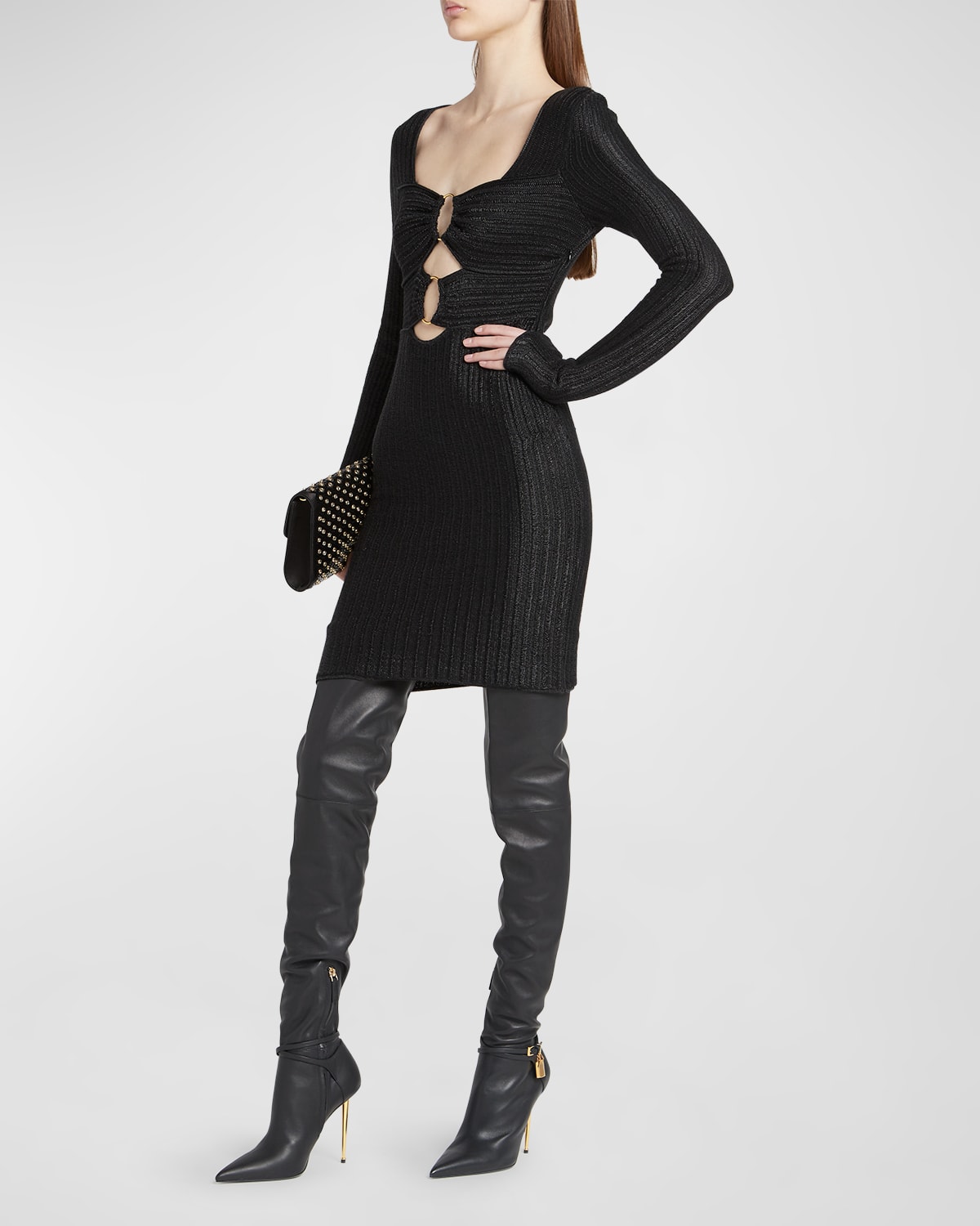 TOM FORD METALLIC WOOL KNIT DRESS WITH FRONT CUTOUTS