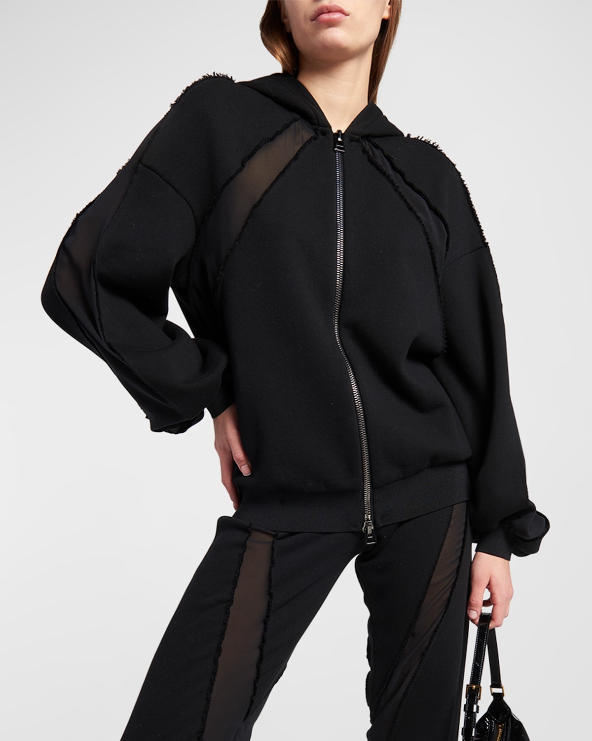 Tom Ford Chiffon-insert Loopback Cotton Fleece Zip Hoodie In Black