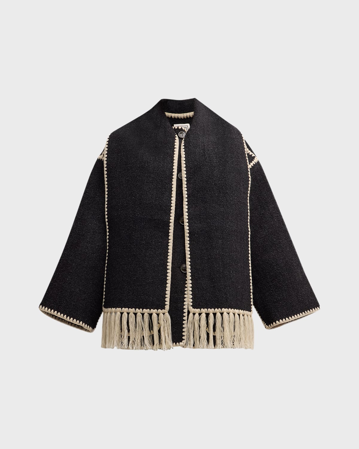 Embroidered Fringe Contrast-Trim Scarf Wool Jacket