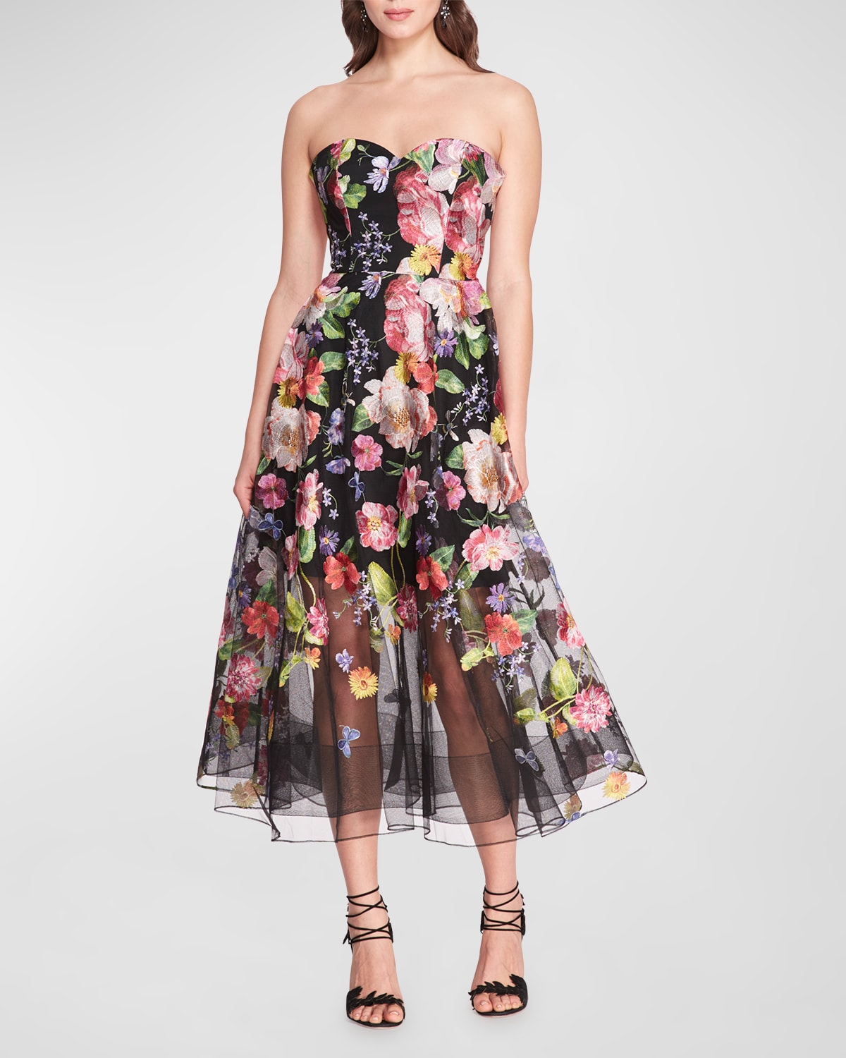 MARCHESA NOTTE STRAPLESS FLORAL-EMBROIDERED TULLE MIDI DRESS