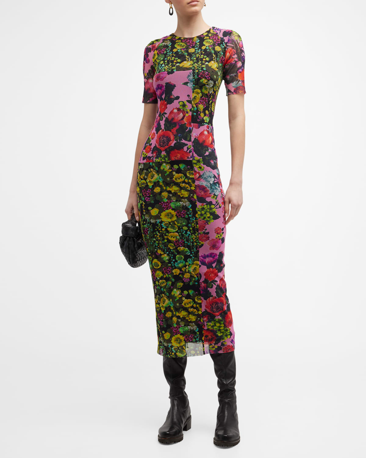 Fuzzi Short Sleeve Floral Print Tulle Midi Dress Smart Closet
