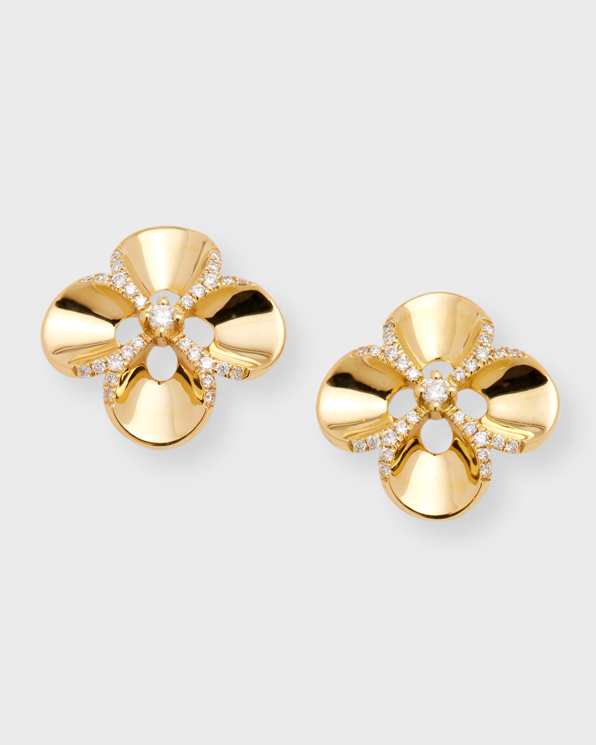 18K Yellow Gold Camellia Polished and Diamond Stud Earrings