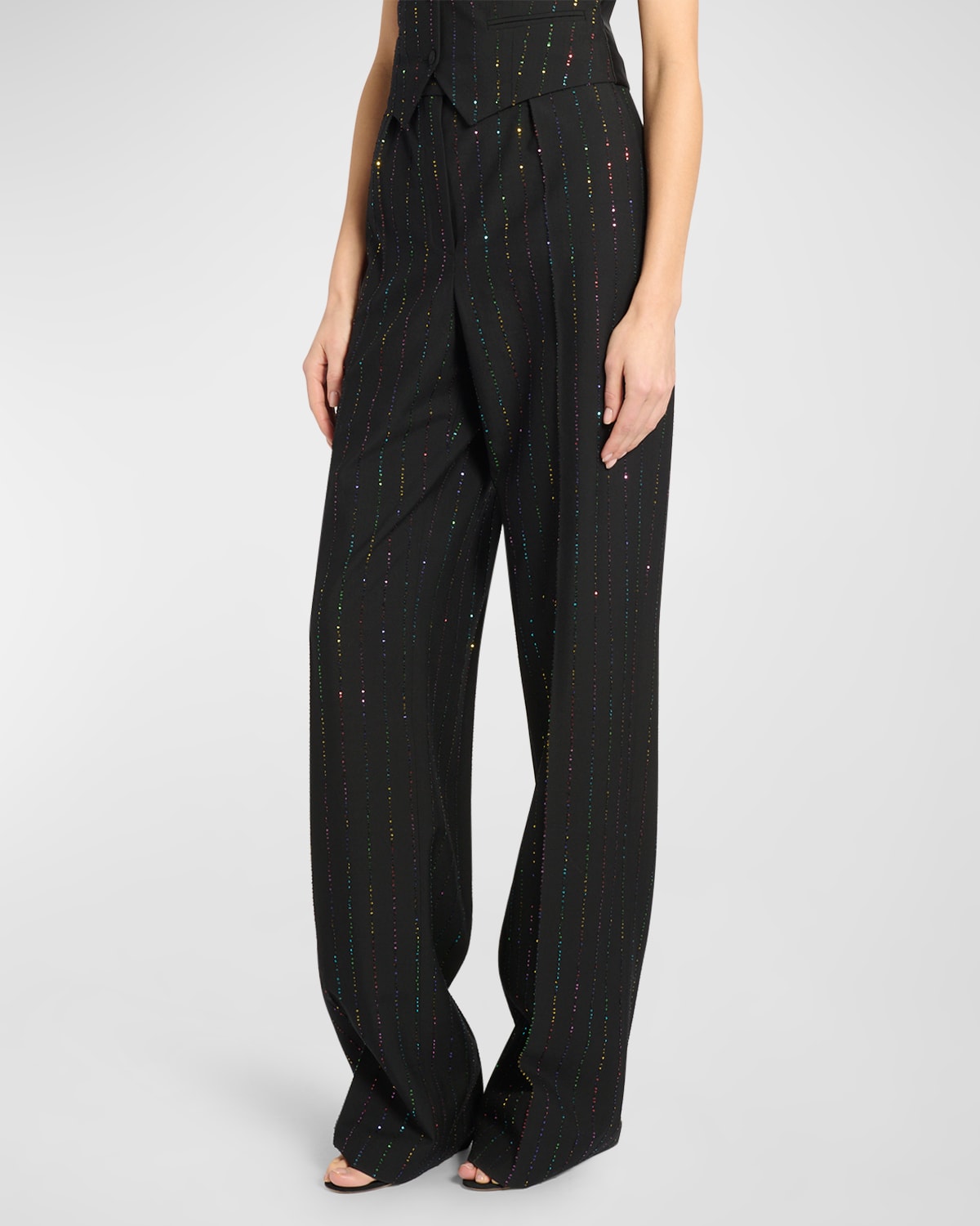 Alexandre Vauthier Sequin Embroidered Pinstripe Wide-leg Trousers In Black Multi