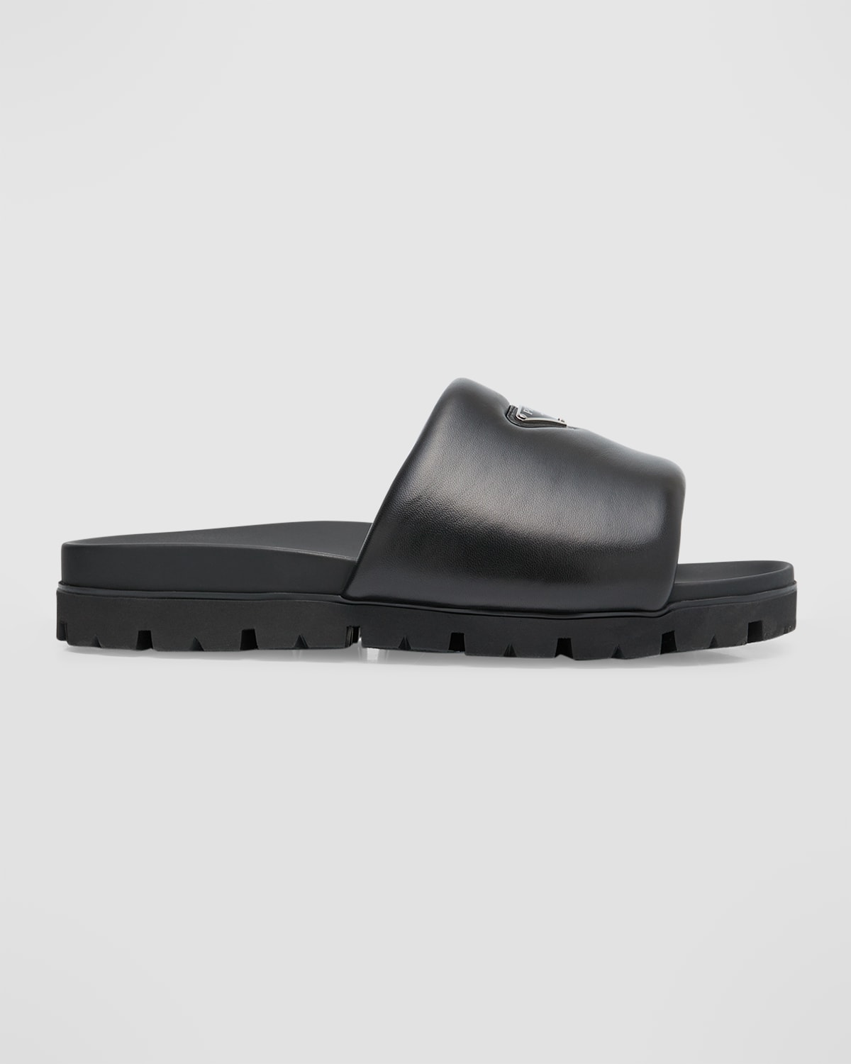 Prada Men's Triangle Logo Leather Slide Sandals In Nero