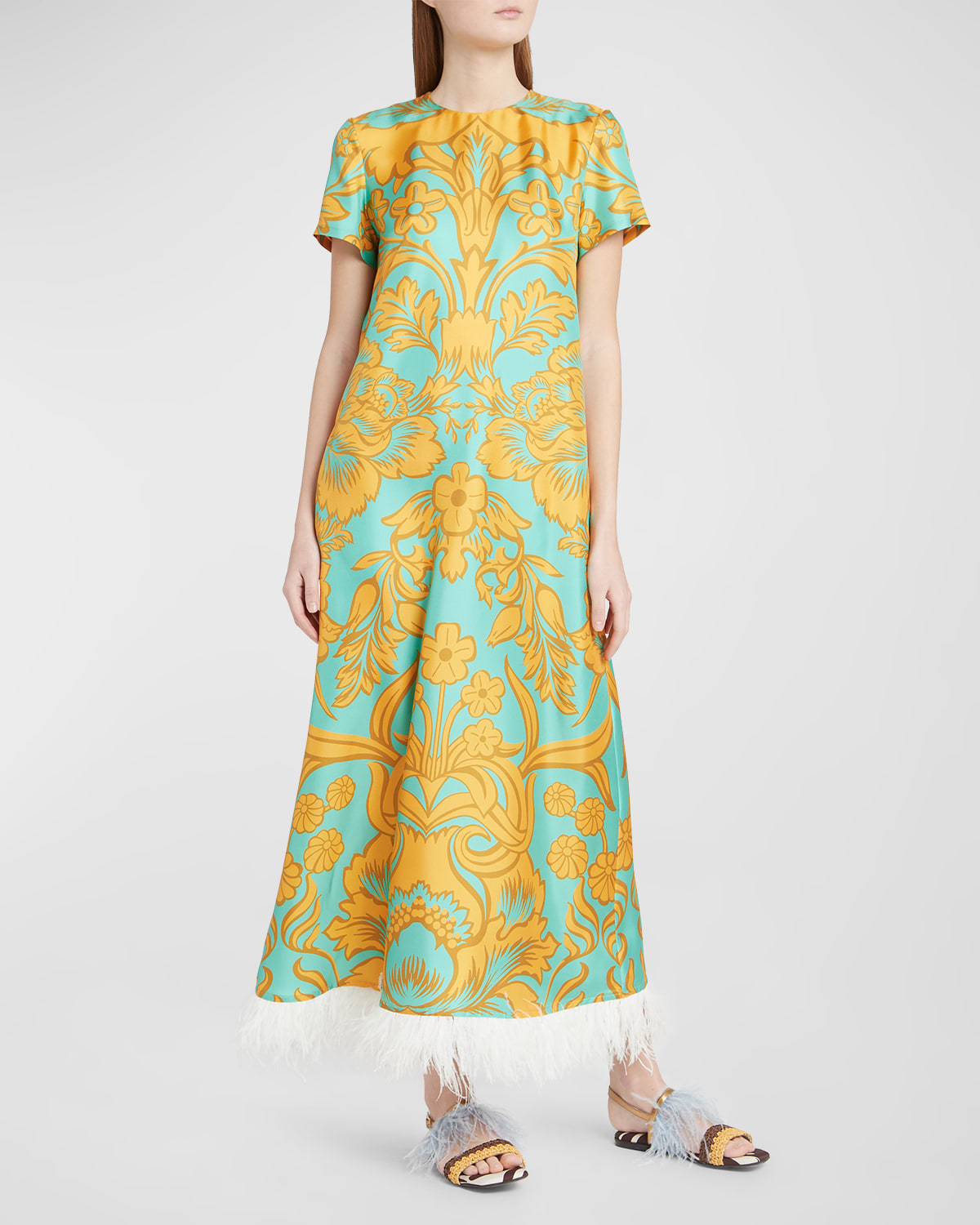 Shop La Doublej Baroque-print Feather-trim Maxi Swing Dress In Vava