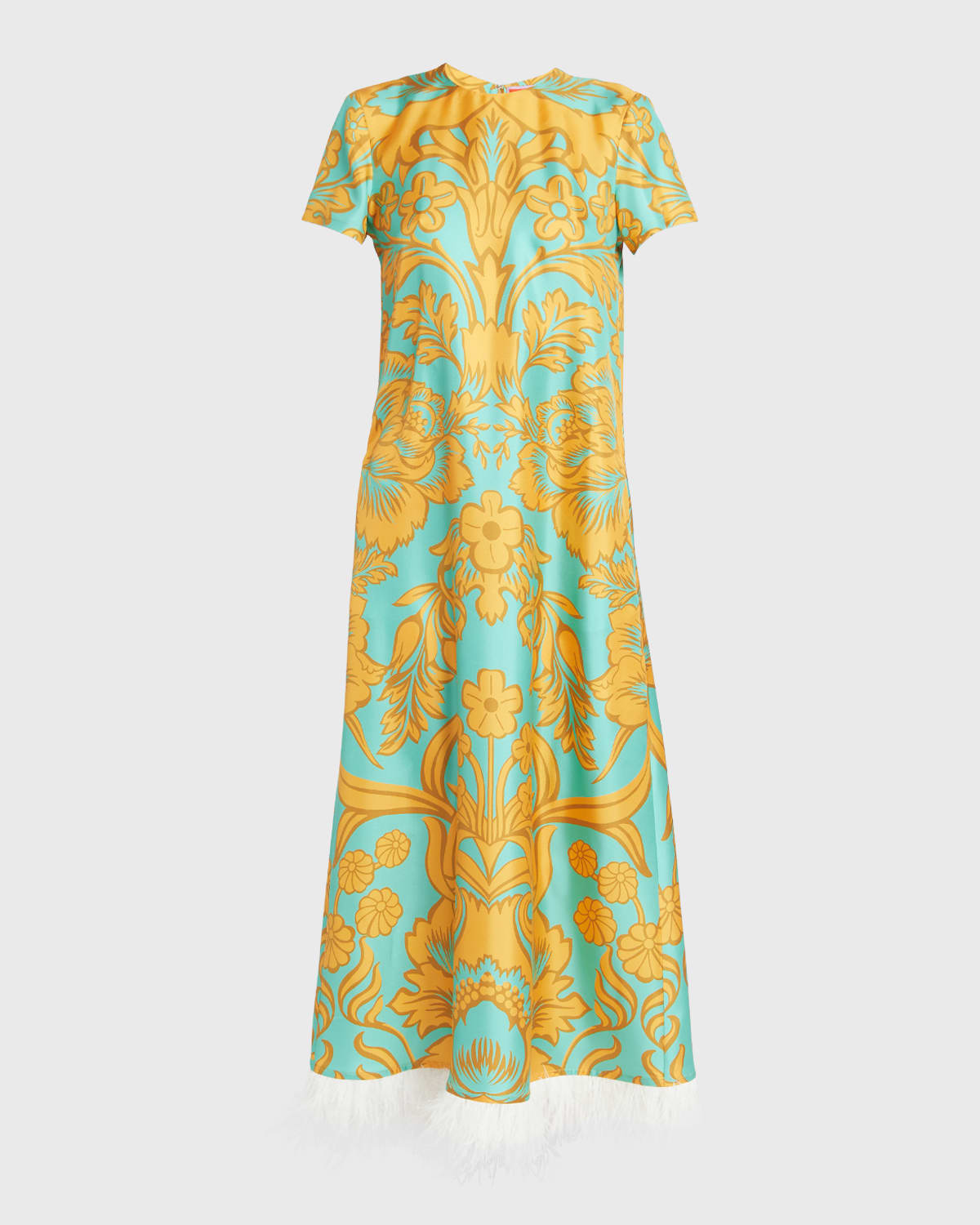 Baroque-Print Feather-Trim Maxi Swing Dress