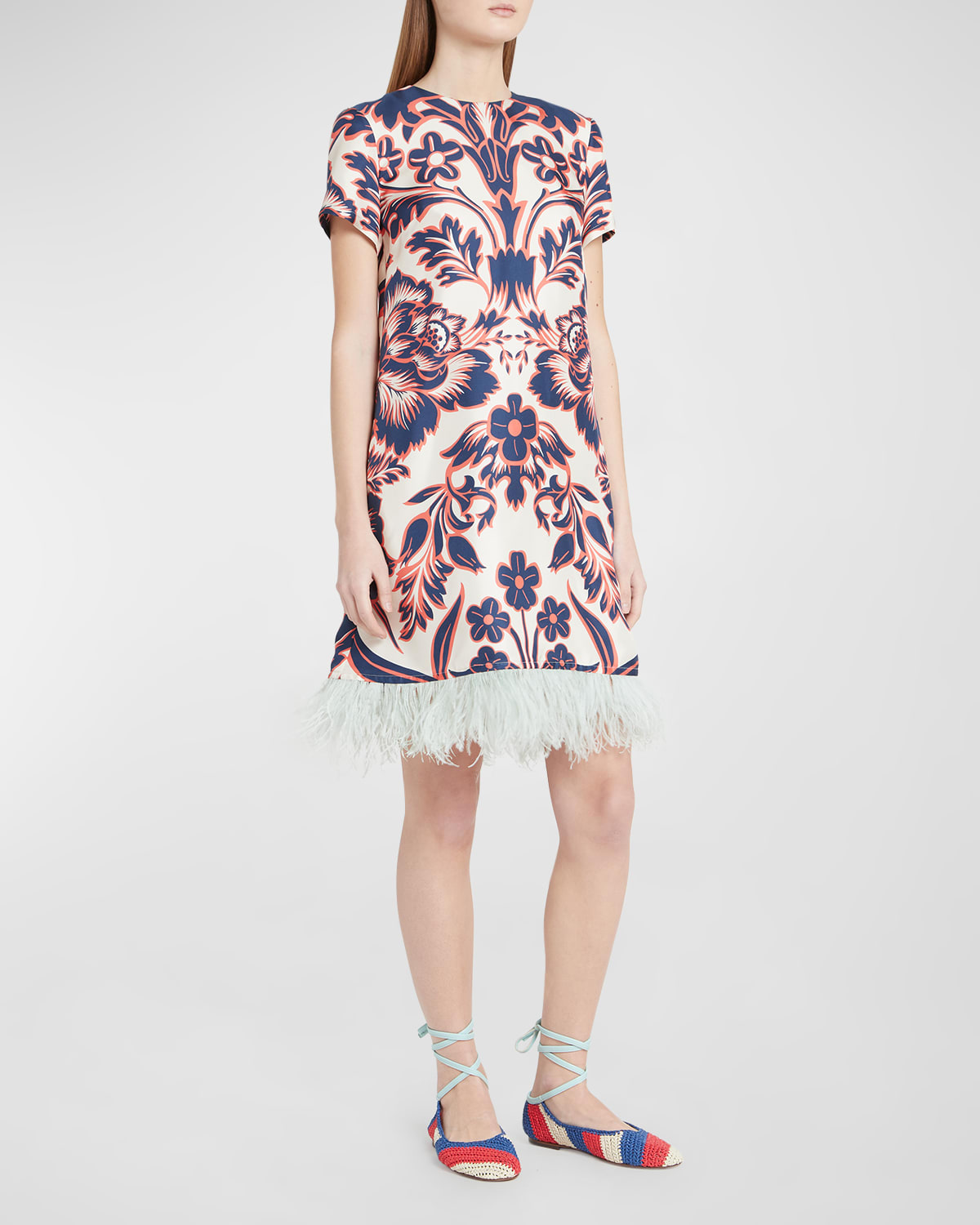 Shop La Doublej Patterned Mini Swing Dress With Feather Trim In Vava