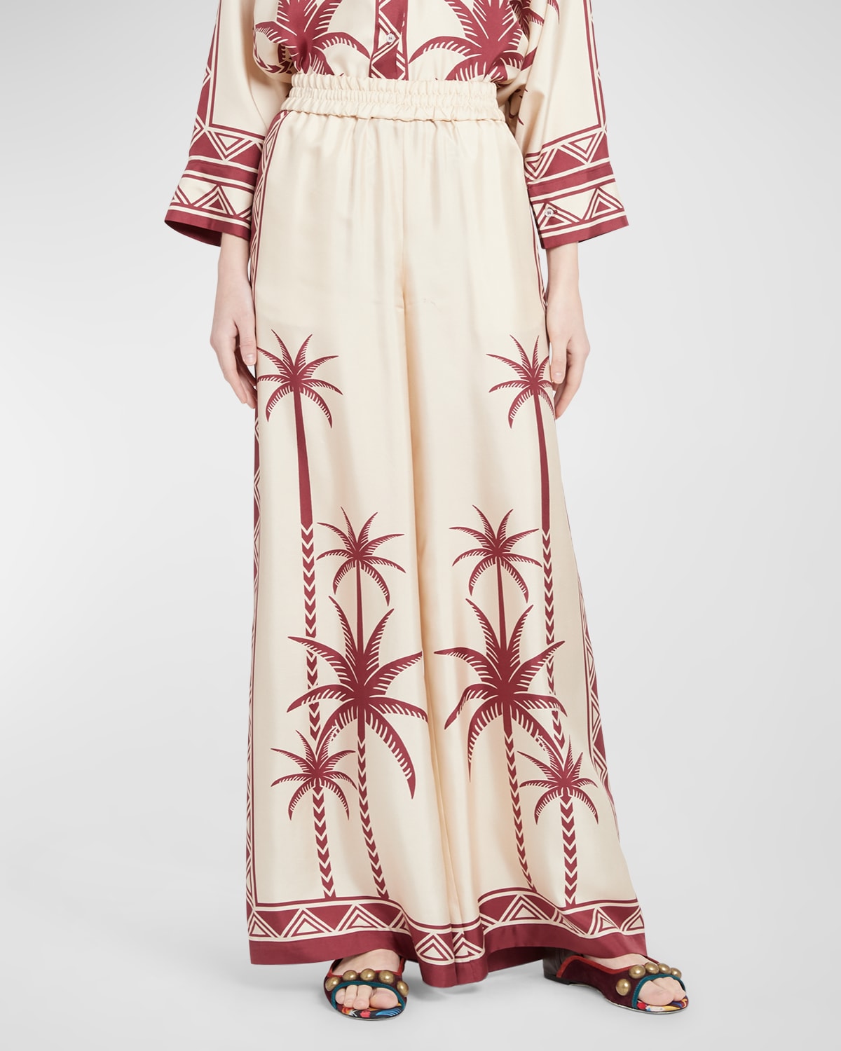 Wide-Leg Silk Palazzo Pants with Floral Detail