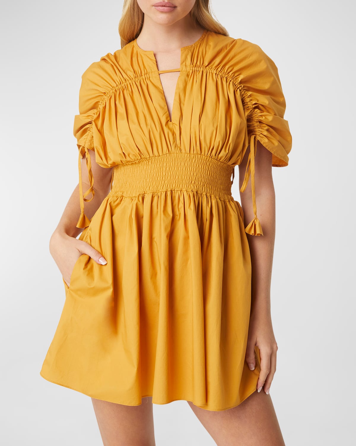 Misa Camila Shirred Puff sleeve Drawstring Mini Dress In Marigold Ctn ModeSens