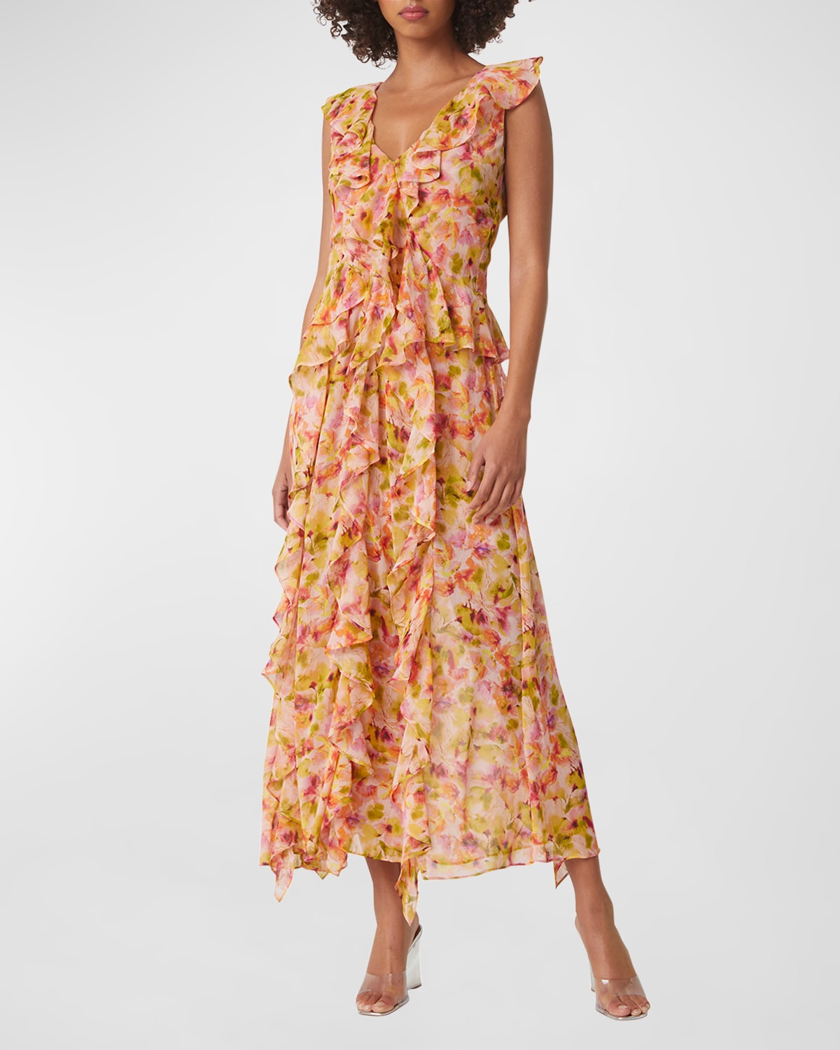 Misa Claudita Floral Chiffon Ruffle Maxi Dress In Golden Flora